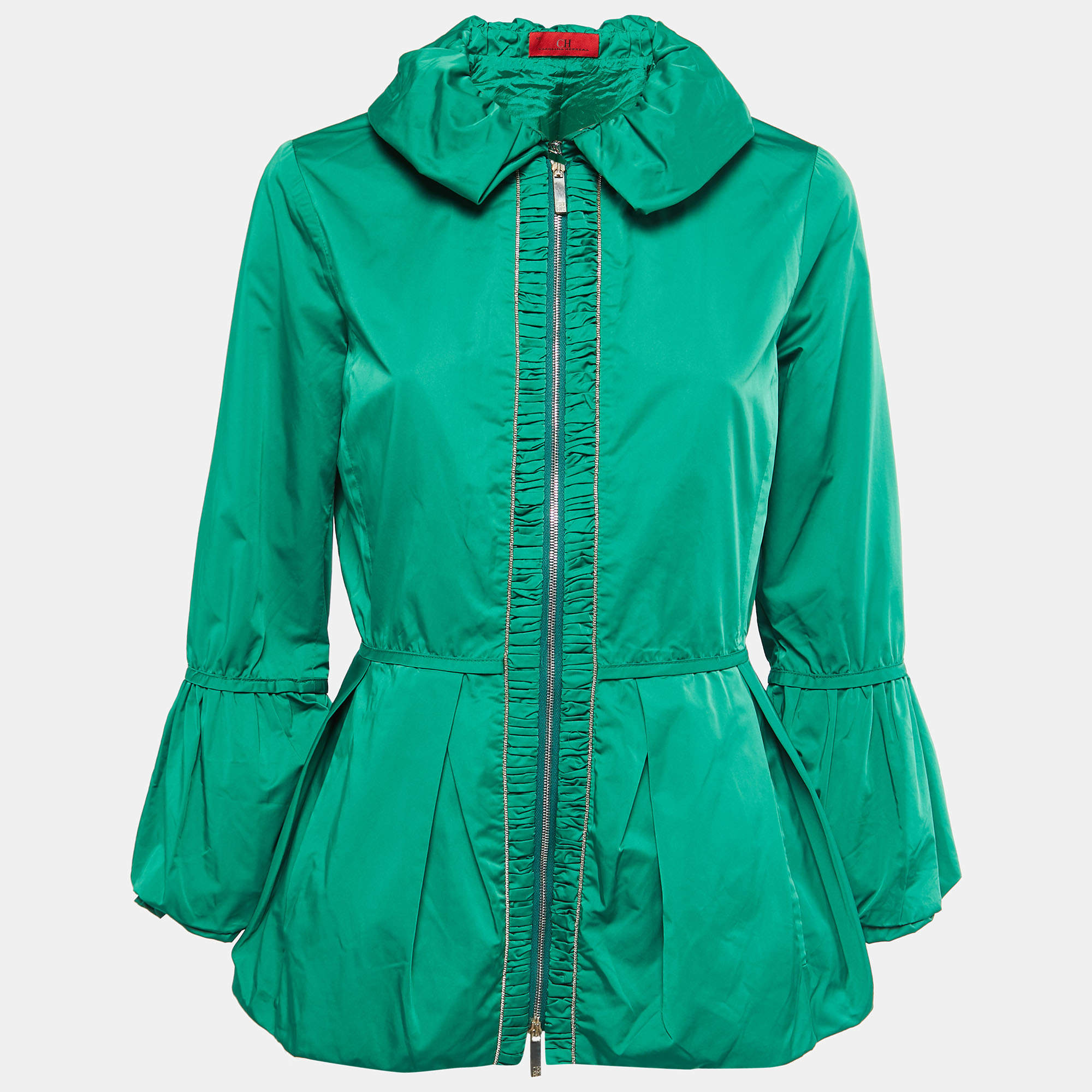 CH Carolina Herrera Green Synthetic Zip Front Peplum Jacket XS