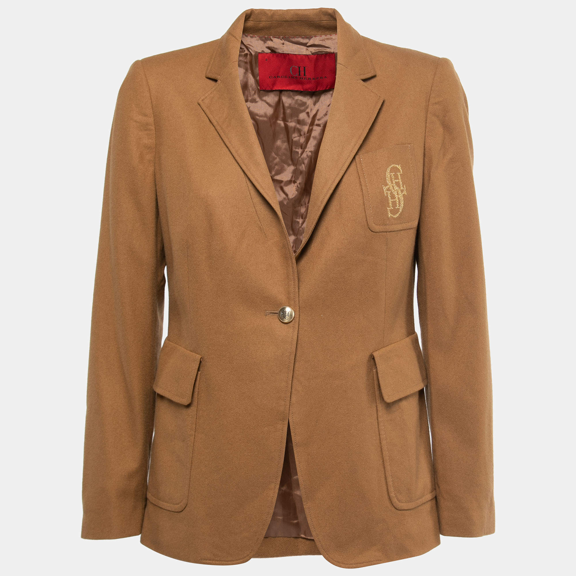 CH Carolina Herrera Brown Wool Pocket Embroidered Blazer L