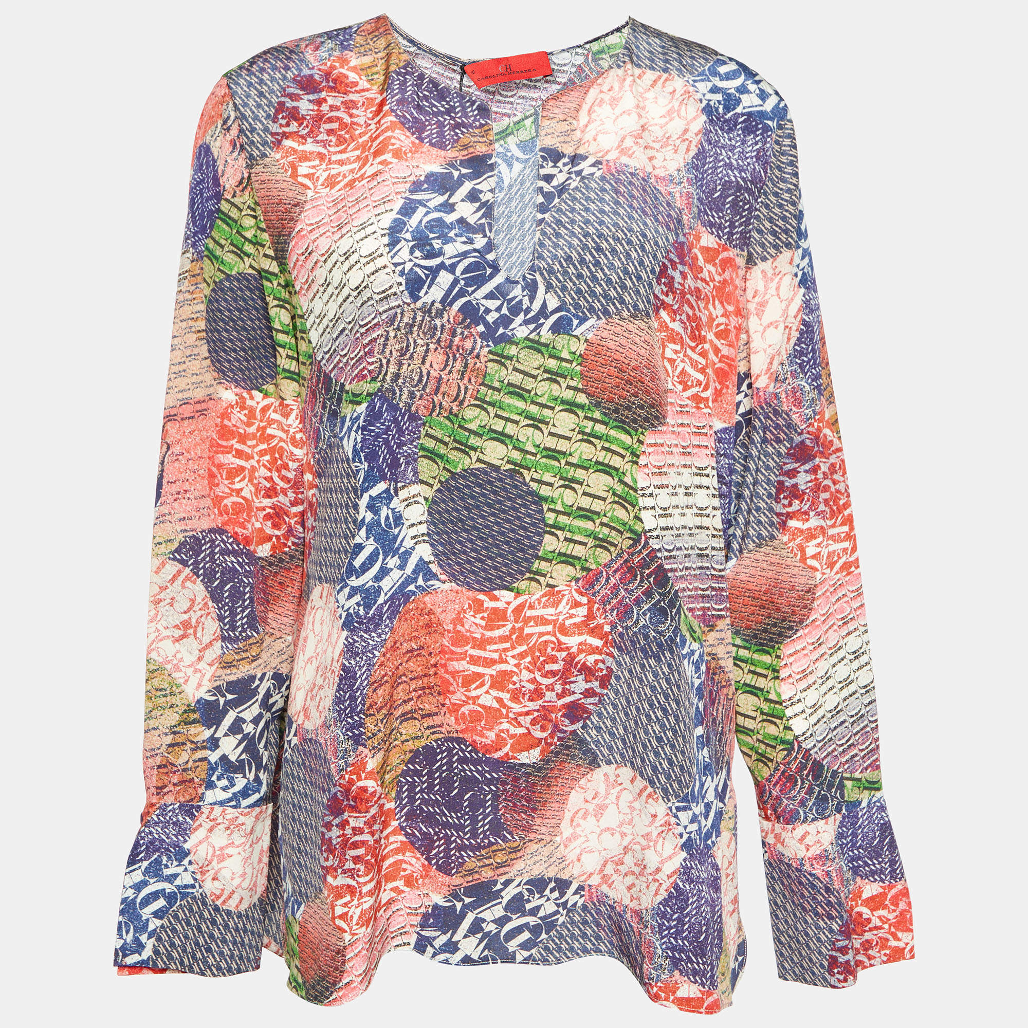 مملوكة مسبقًا CH Carolina Herrera Multicolor Logo Printed Silk Top L