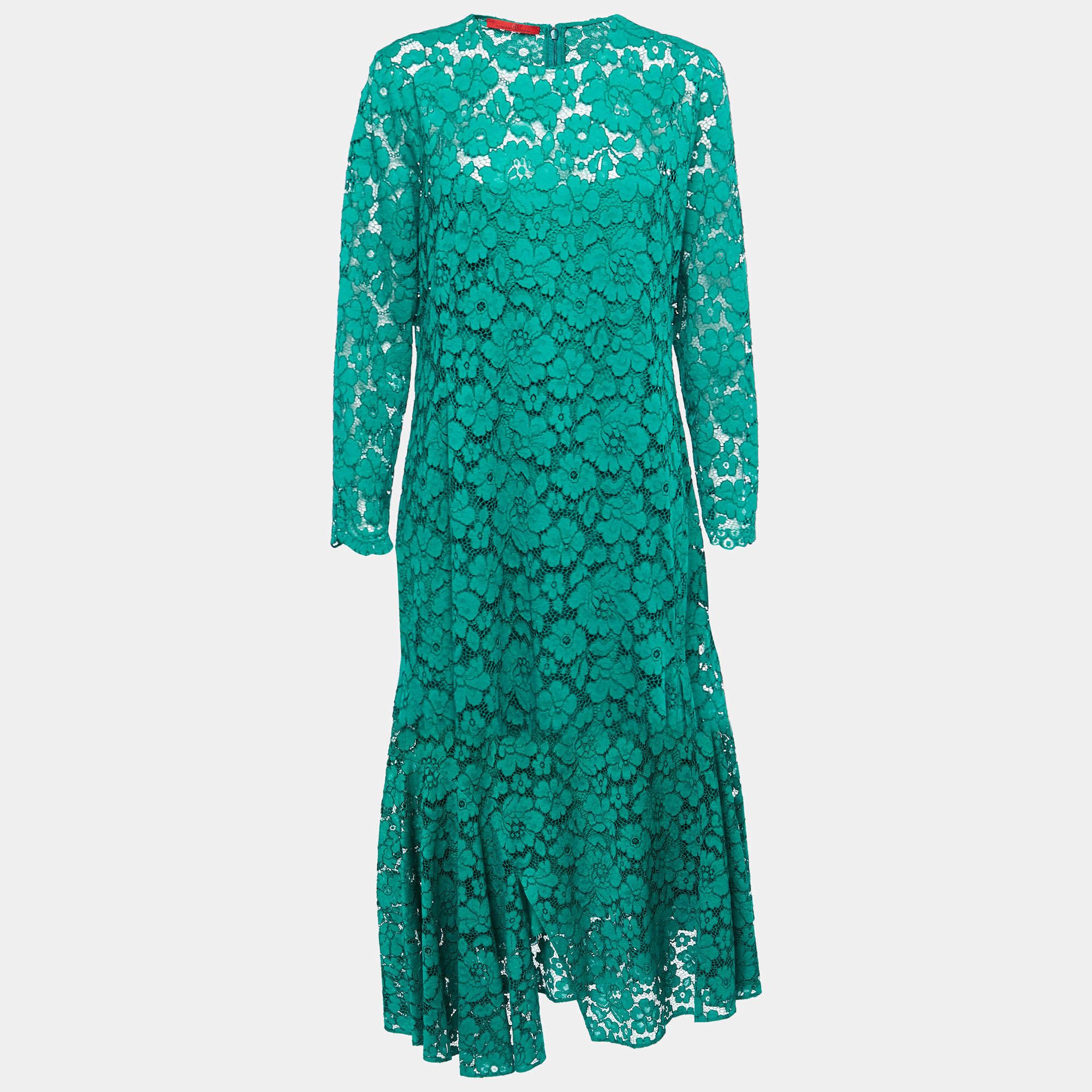 مملوكة مسبقًا CH Carolina Herrera Green Floral Lace Full Sleeve Flared Midi Dress S