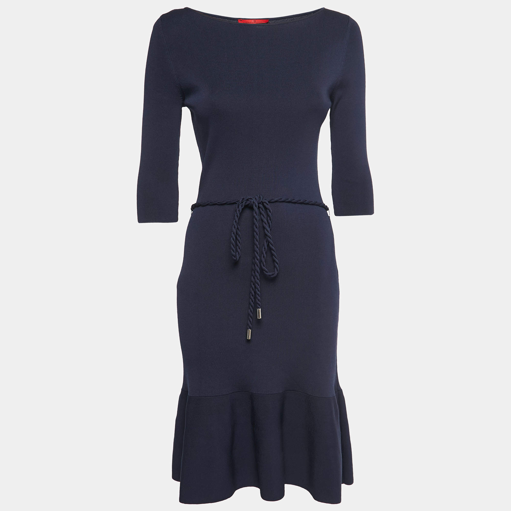مملوكة مسبقًا CH Carolina Herrera Navy Blue Knit Belted Midi Dress M