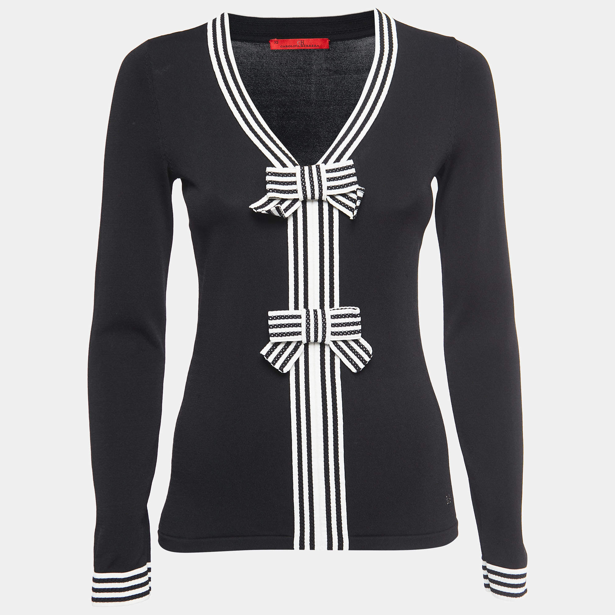 Pre Owned CH Carolina Herrera Black Jersey Bow Detail Contrast Trimmed Top XS