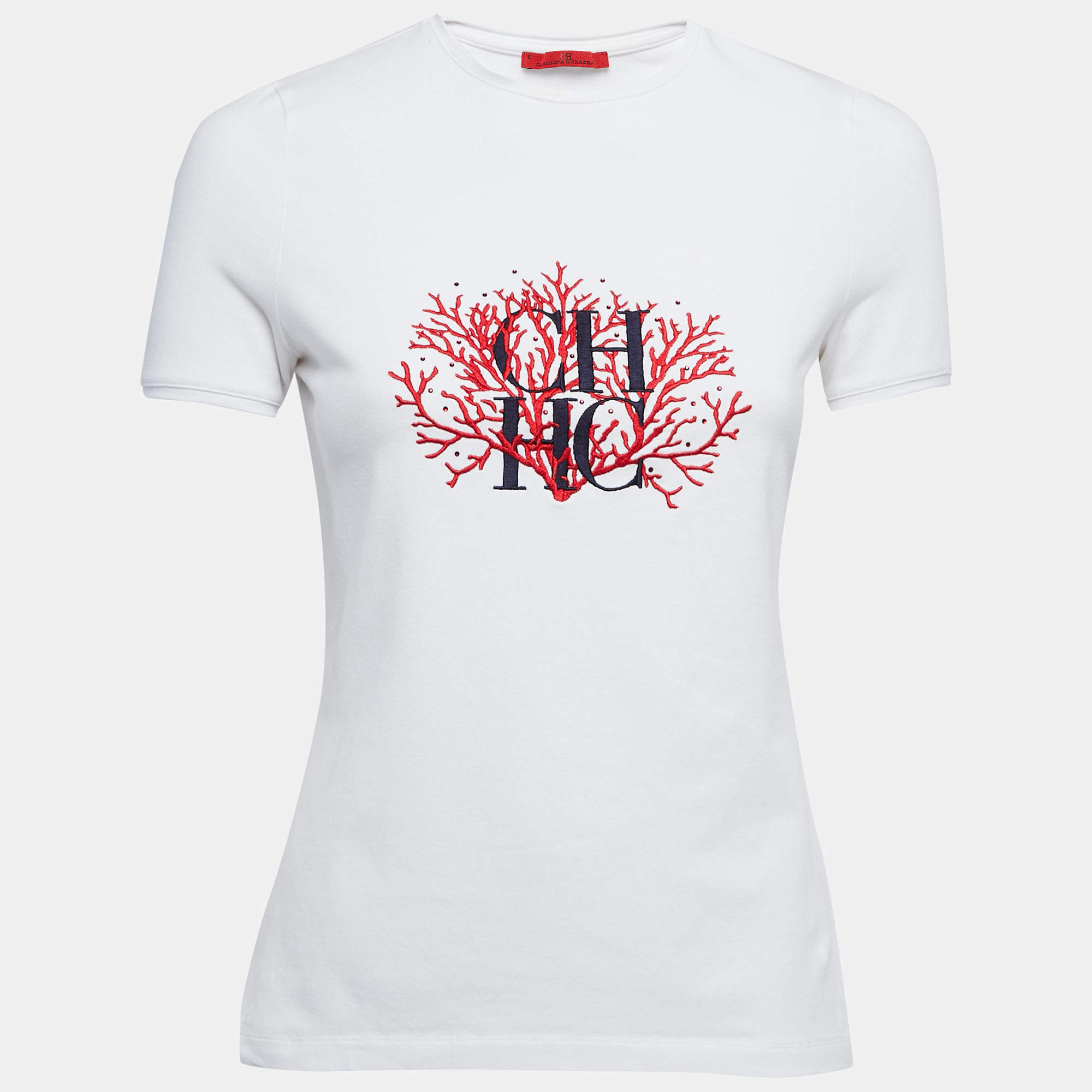 Pre Owned CH Carolina Herrera Cotton Logo Embroidered Short Sleeve T-Shirt S