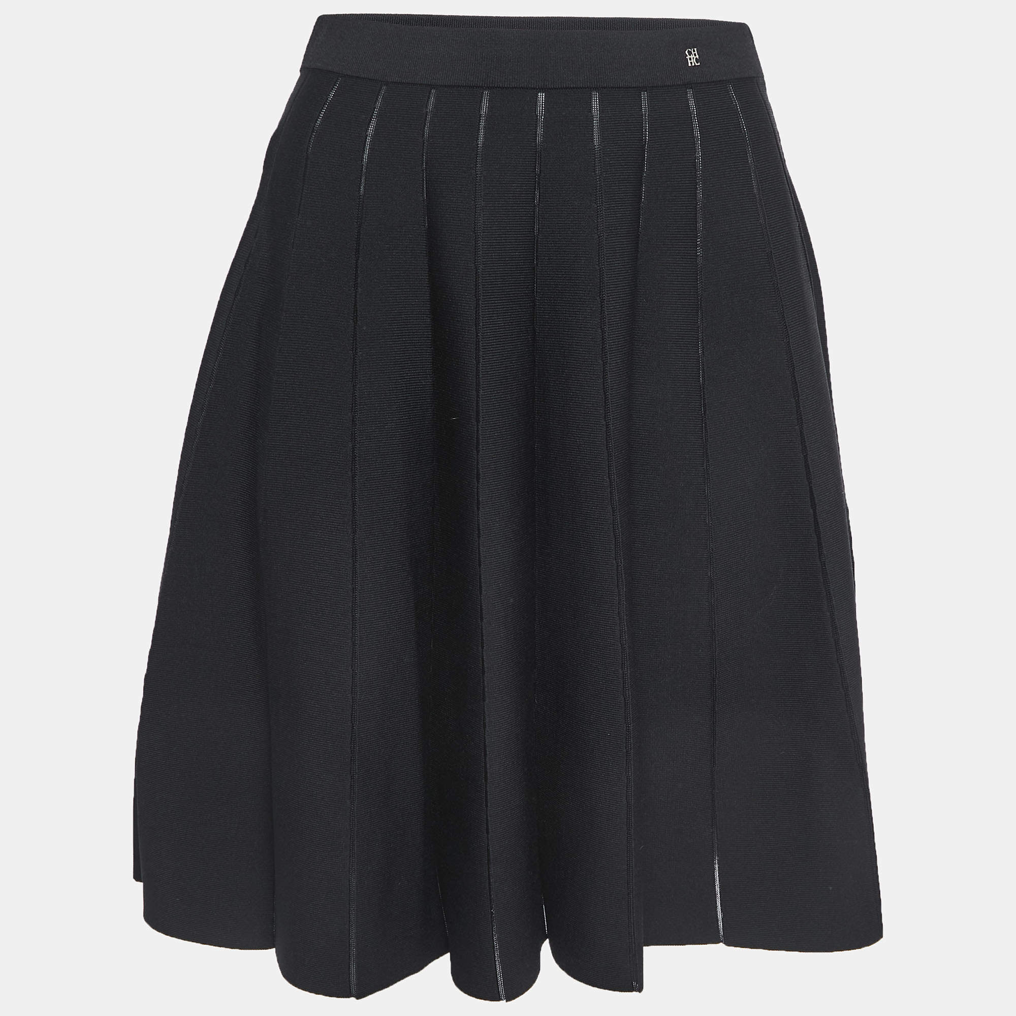 Pre Owned CH Carolina Herrera Black Knit Flared Knee Length Skirt XS