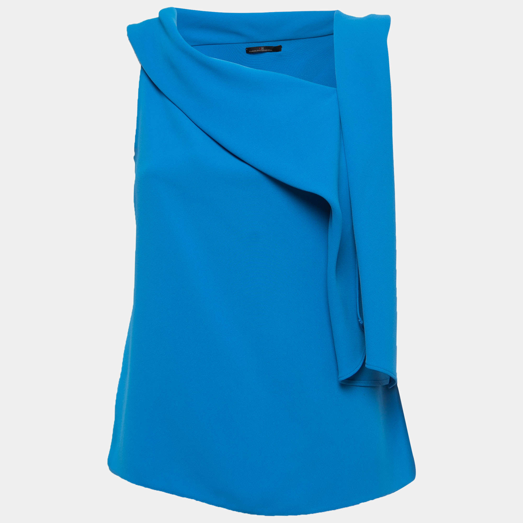 Pre Owned CH Carolina Herrera Blue Crepe Draped Sleeveless Blouse S