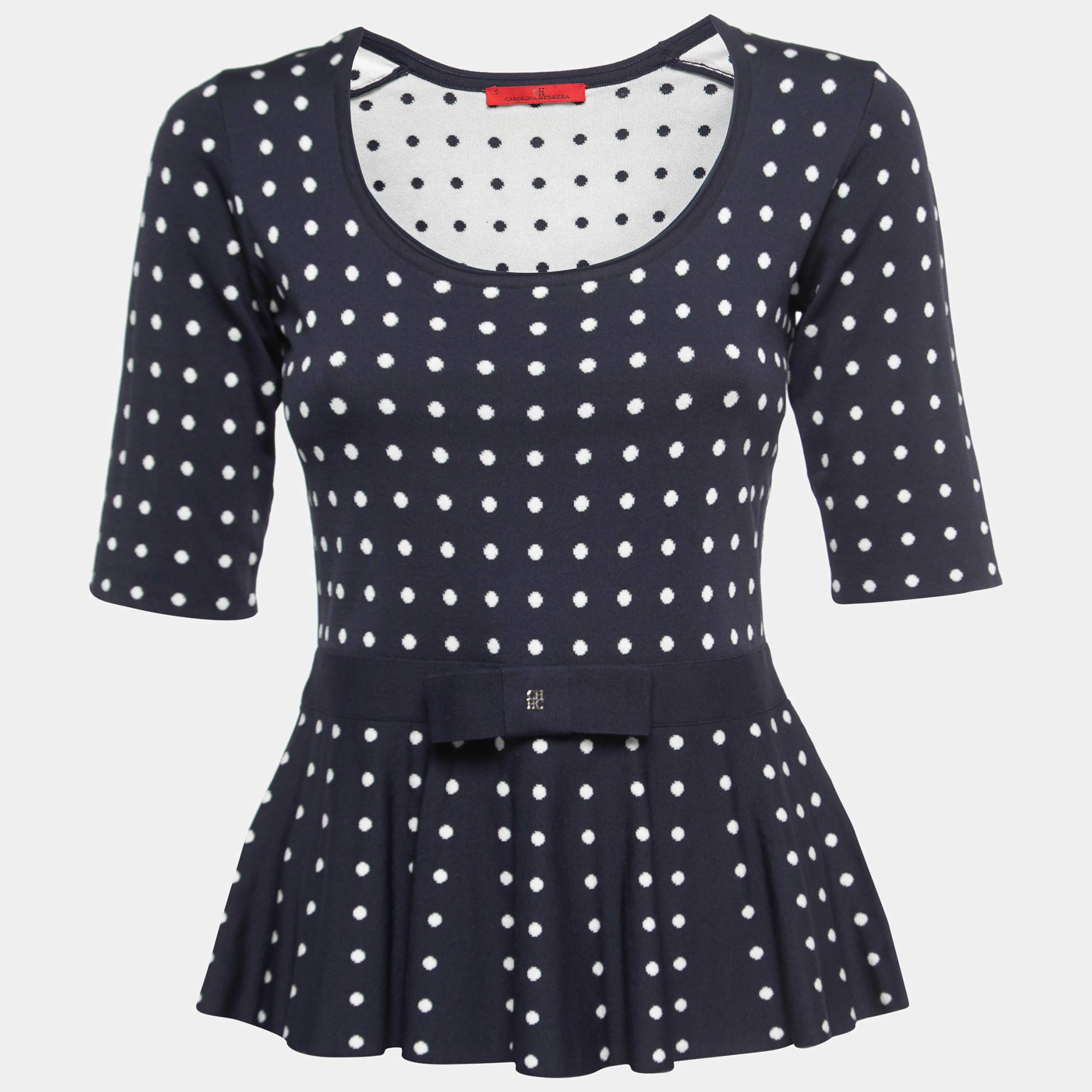 Pre Owned CH Carolina Herrera Navy Blue Dotted Knit Bow Detail Peplum Top S