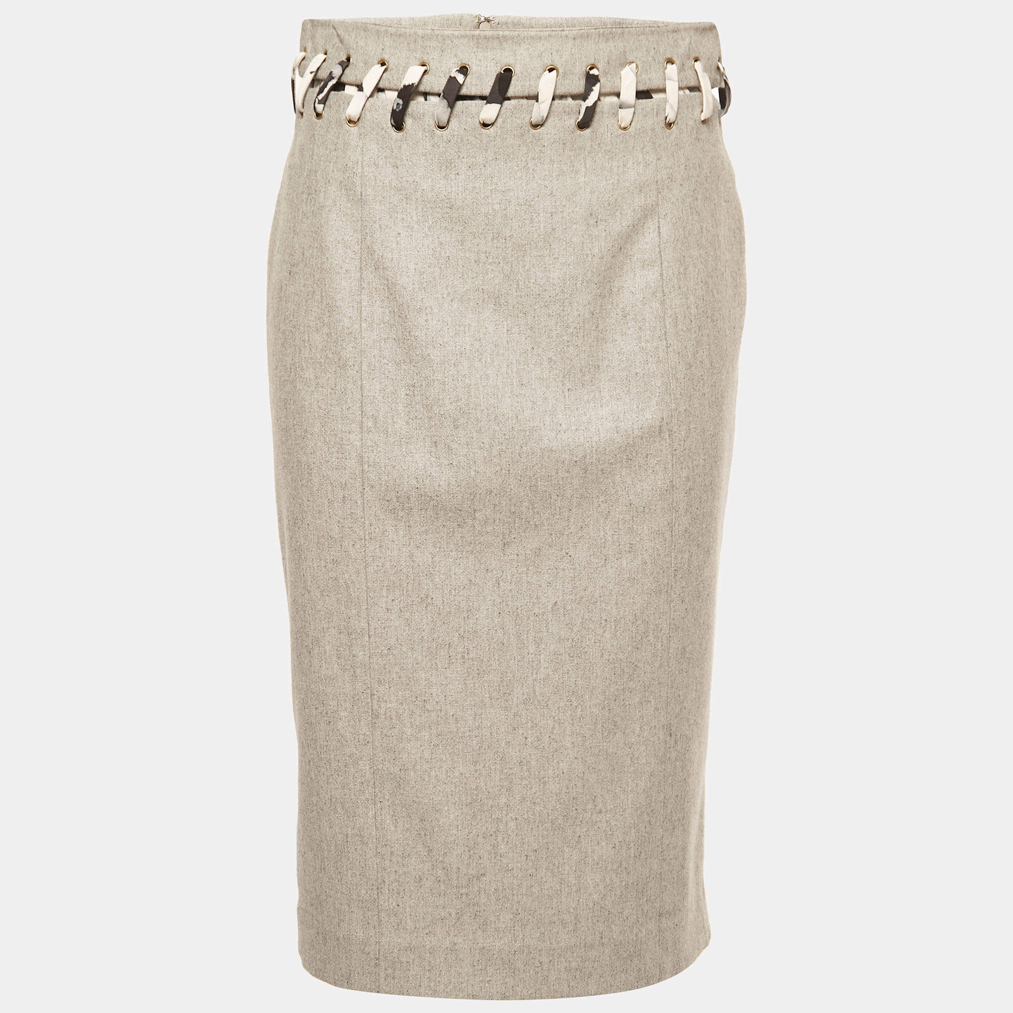 مملوكة مسبقًا Carolina Herrera Grey Wool Blend Waist Tie Detail Skirt M