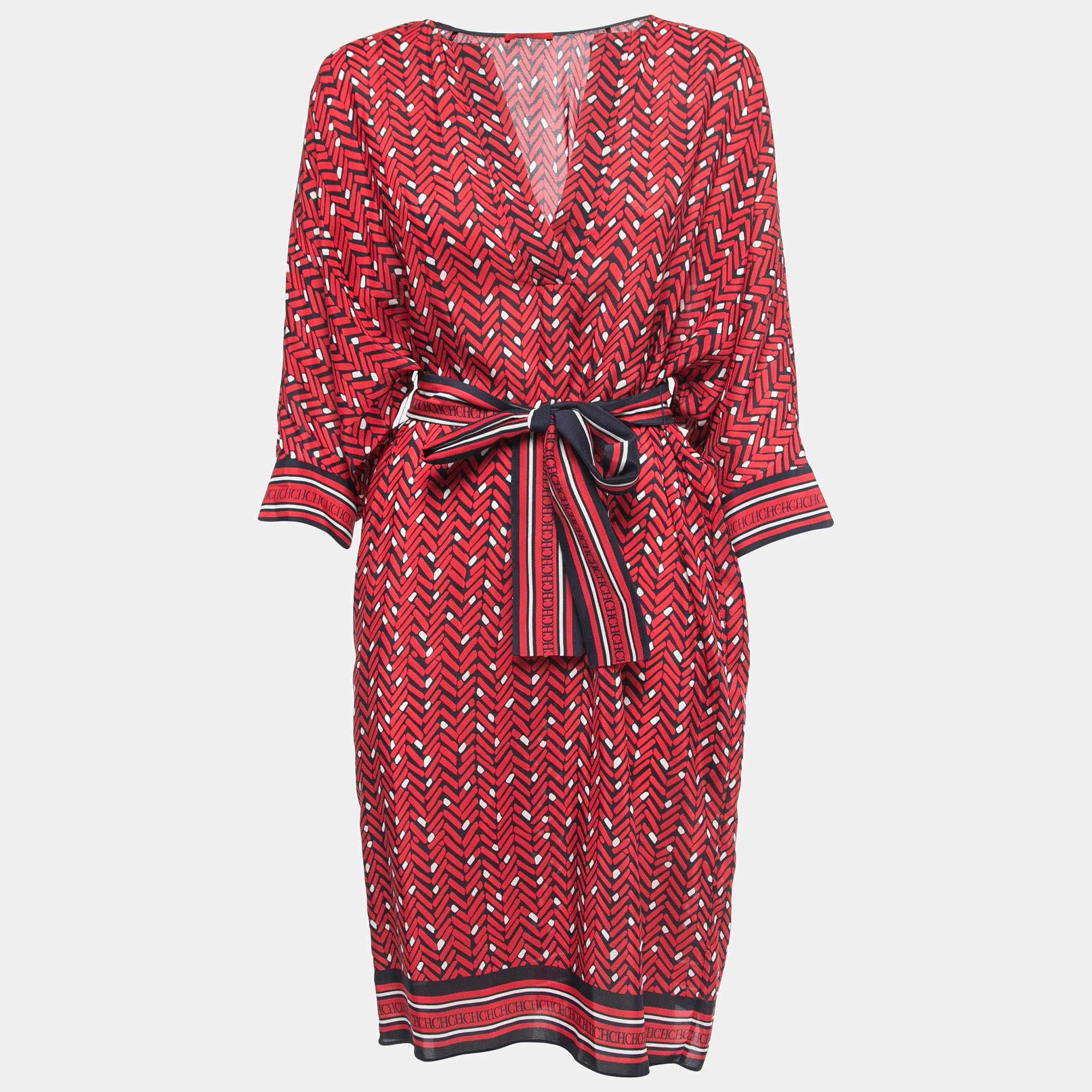 مملوكة مسبقًا CH Carolina Herrera Red Printed Silk Belted Tunic Mini Dress S