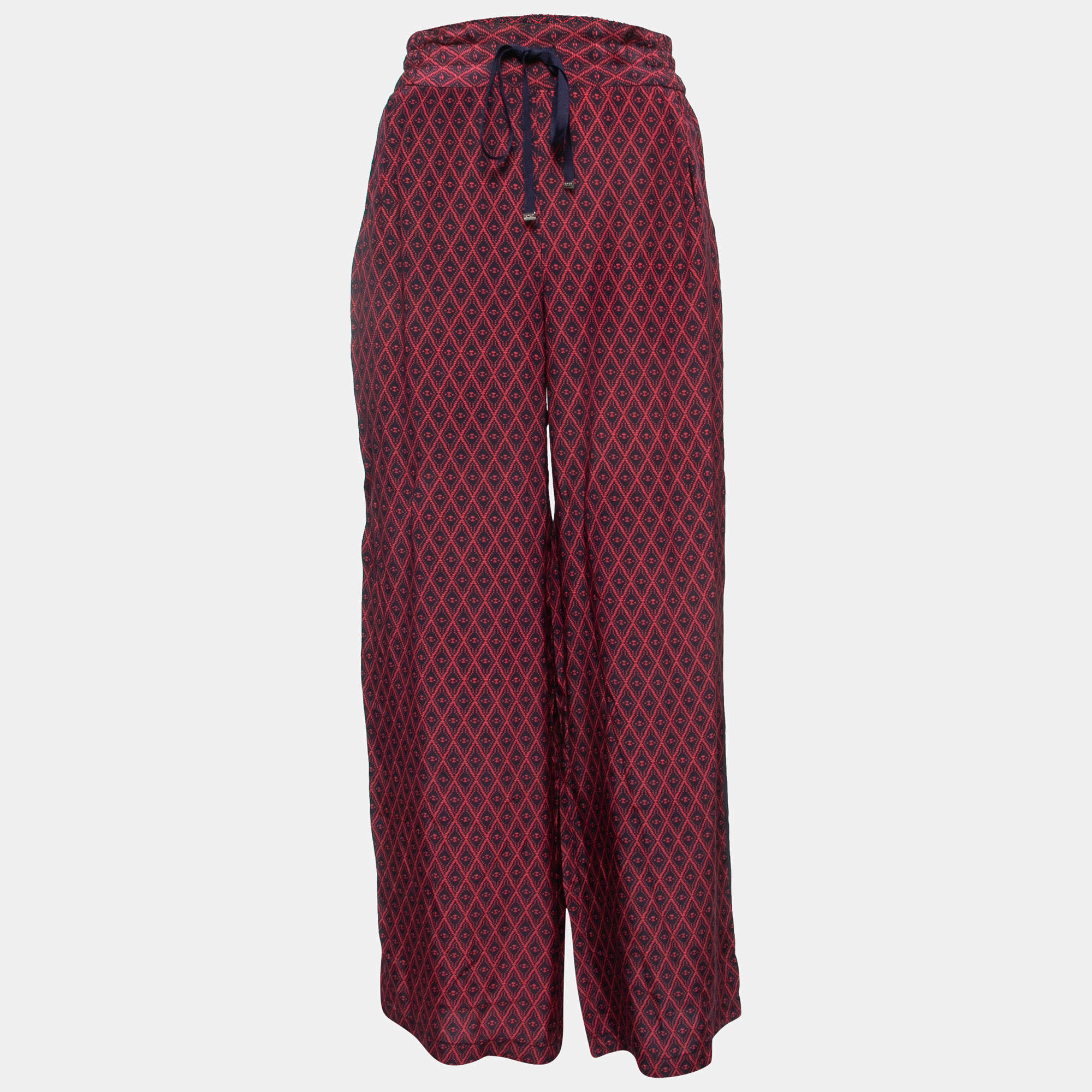 CH Carolina Herrera Blue/Red Printed Silk Wide Leg Pants S
