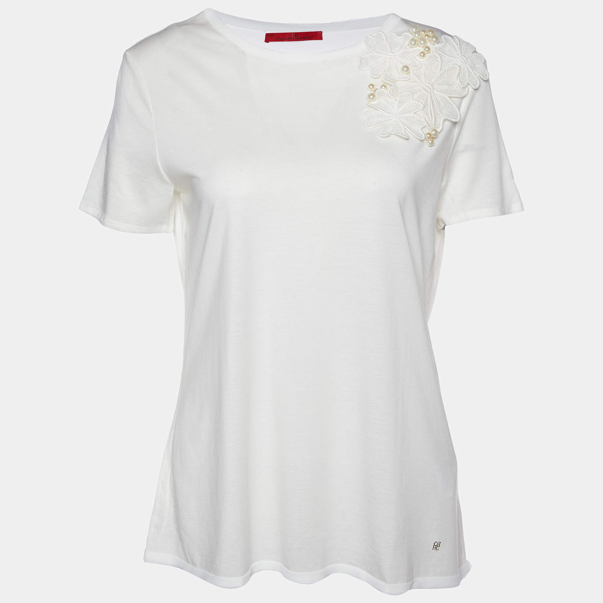 مملوكة مسبقًا CH Carolina Herrera White Cotton Floral Pearl Applique T-Shirt M