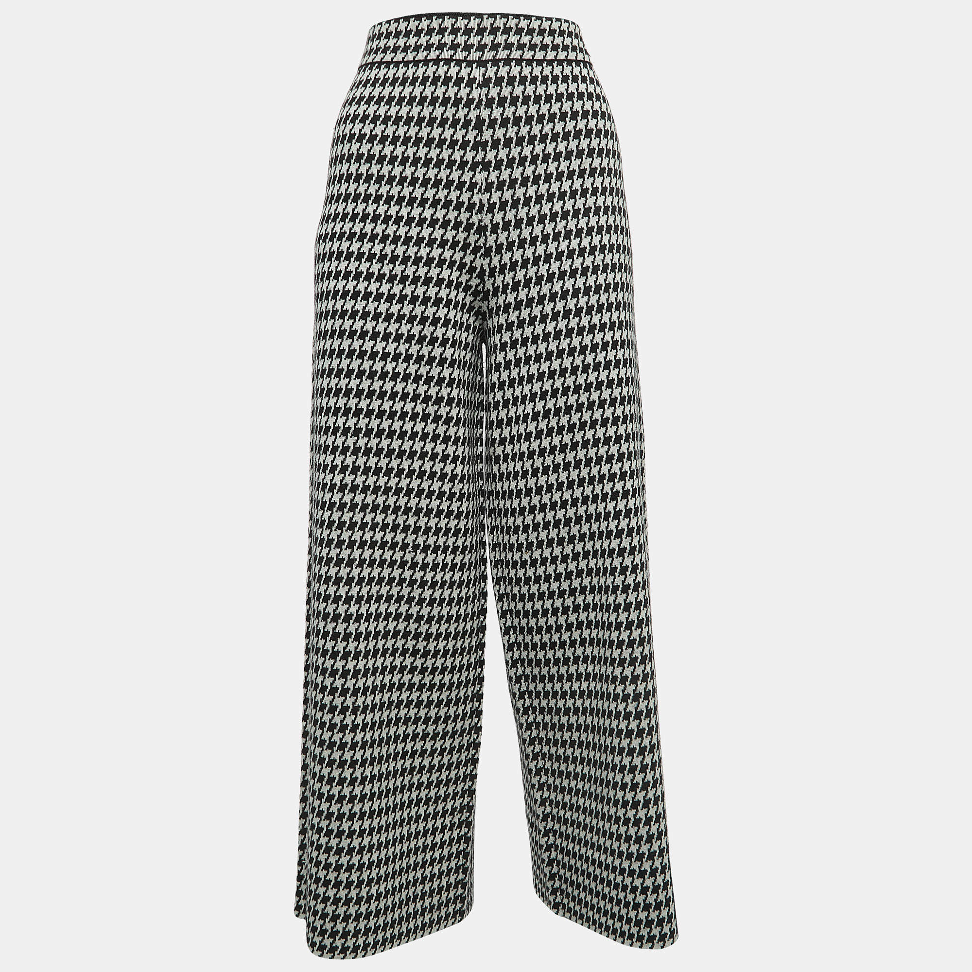CH Carolina Herrera Black Houndstooth Wool Blend  Elasticized Waist Wide-leg Pants S