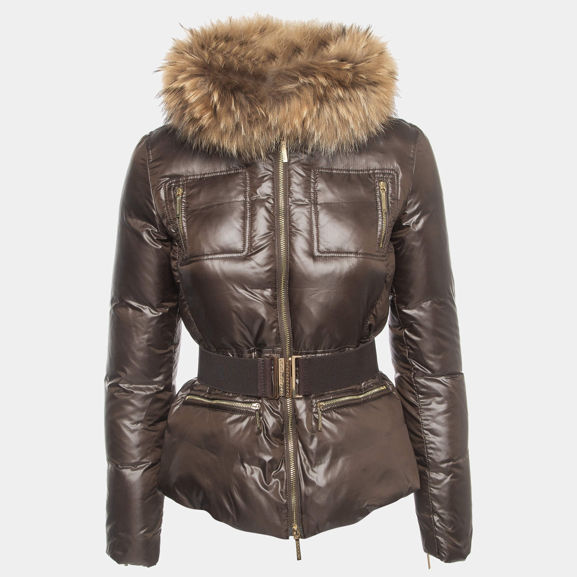 CH Carolina Herrera Brown Nylon Racoon Fur Neckline Zip Front Down Jacket XS