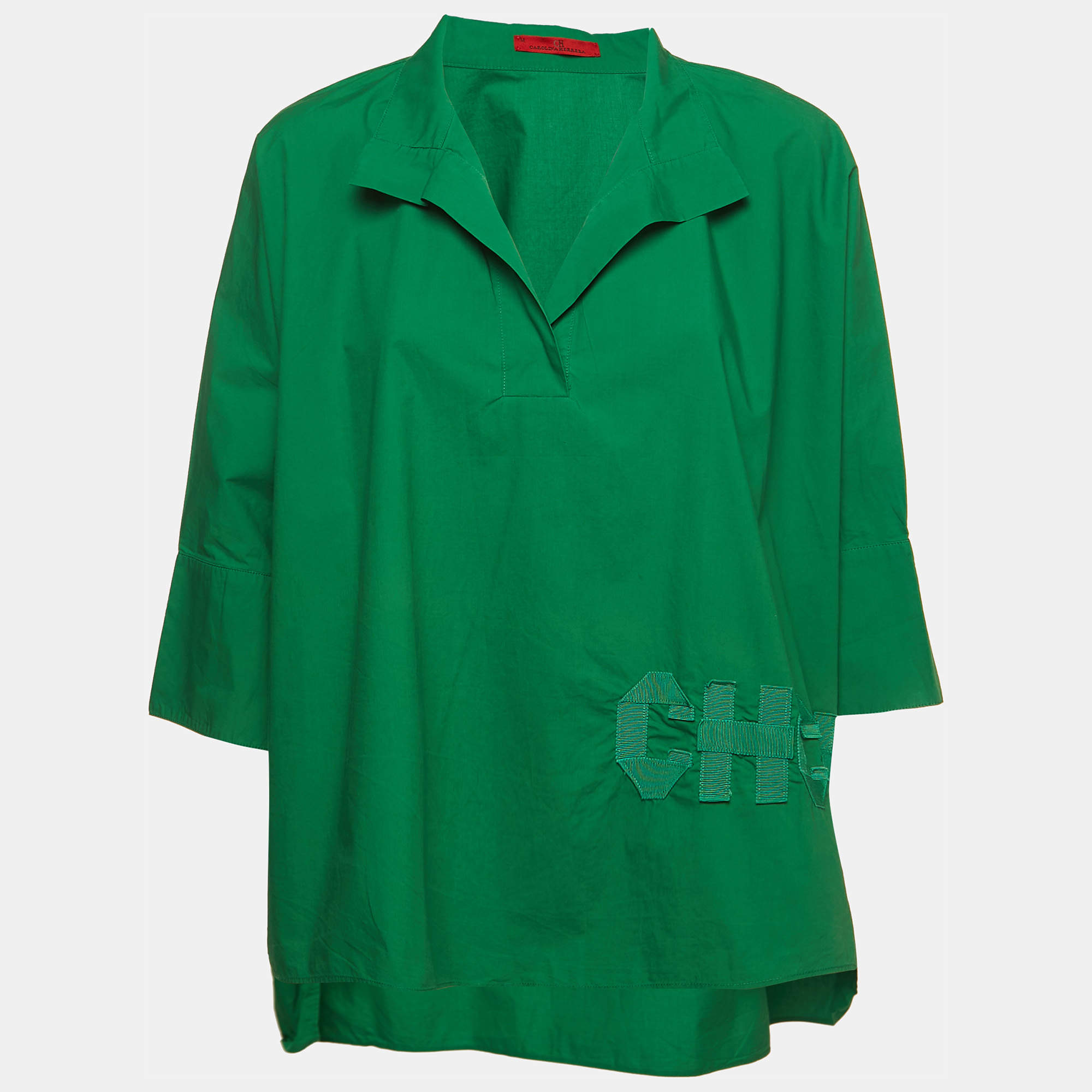 Pre Owned CH Carolina Herrera Green Cotton Logo Patch Oversized Shirt M