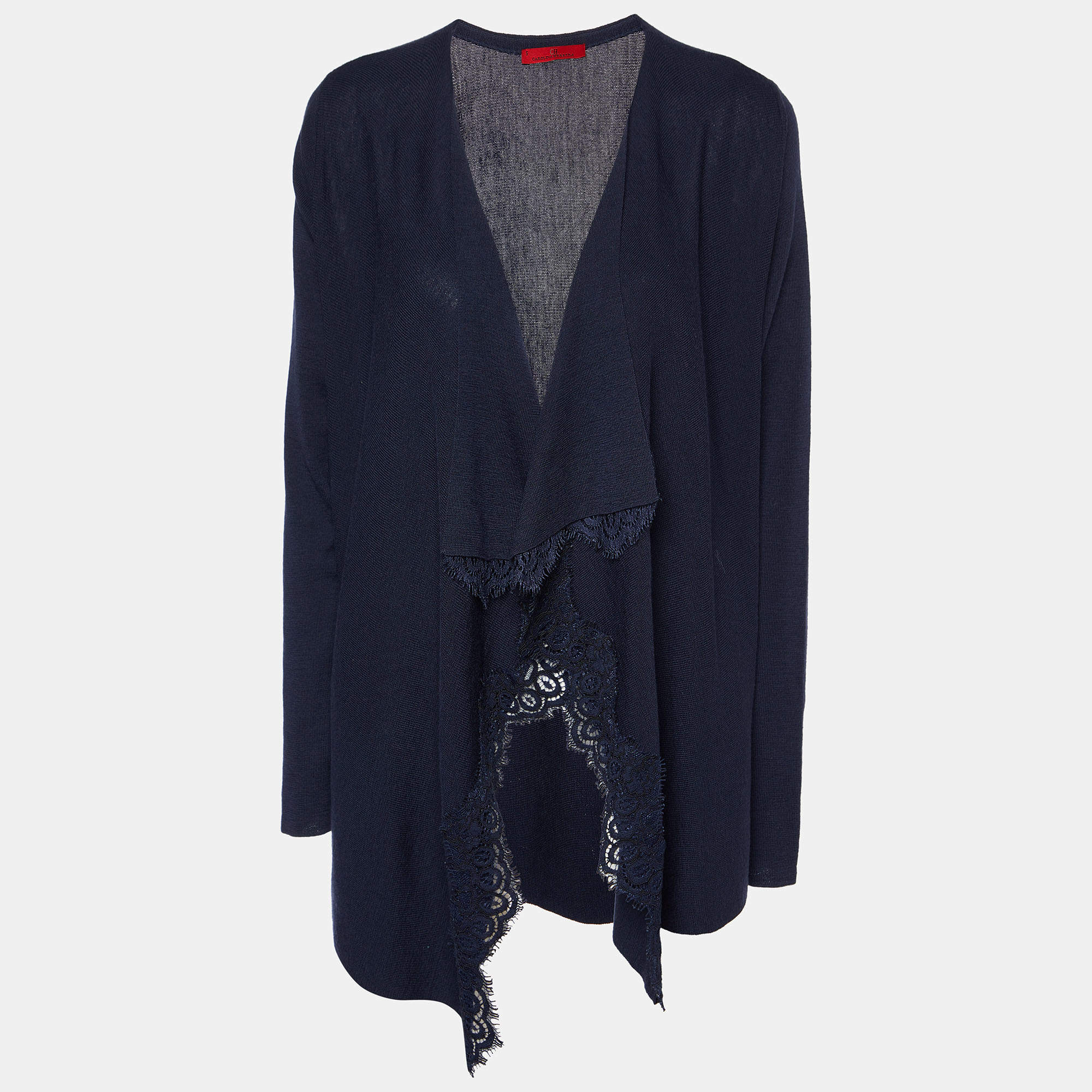 CH Carolina Herrera Navy Blue Wool Knit & Lace Trim Open Front Shrug S