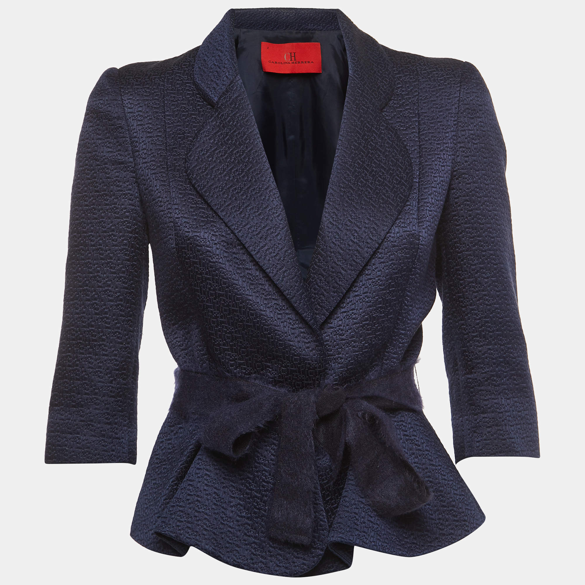 Pre Owned CH Carolina Herrera Navy Blue Jacquard Belted Blazer S