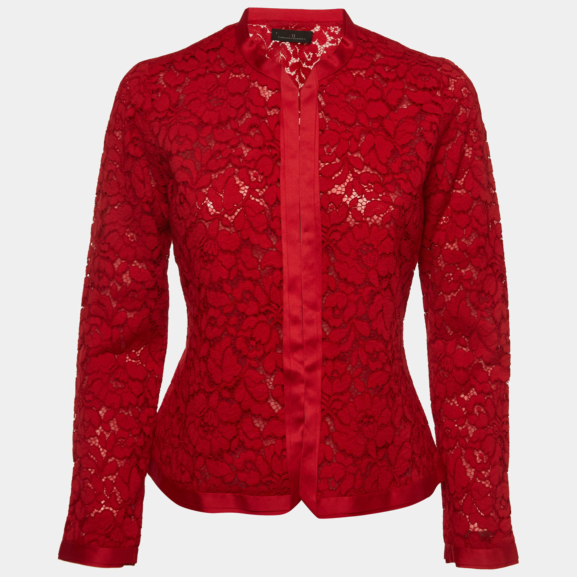 Pre Owned CH Carolina Herrera Red Lace Long Sleeve Jacket M