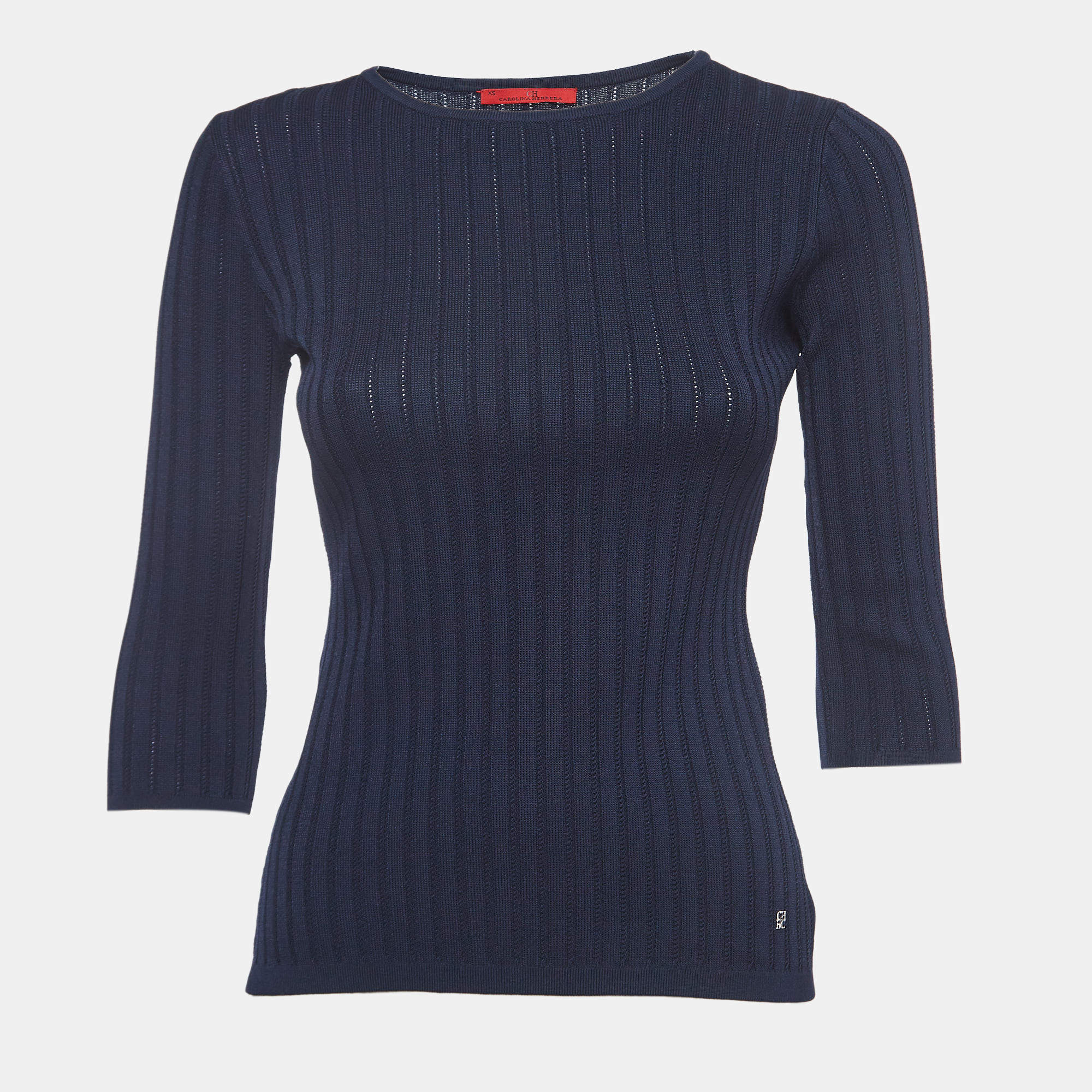 مملوكة مسبقًا CH Carolina Herrera Navy Blue Ribbed Knit Top XS