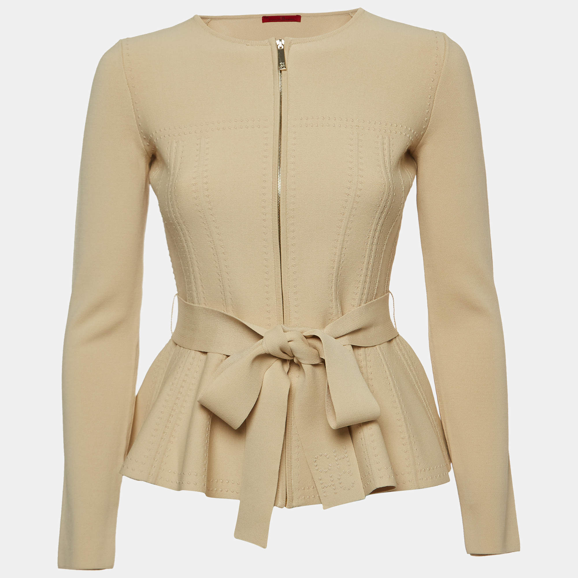 CH Carolina Herrera Beige Knit Belted Peplum Jacket XXS