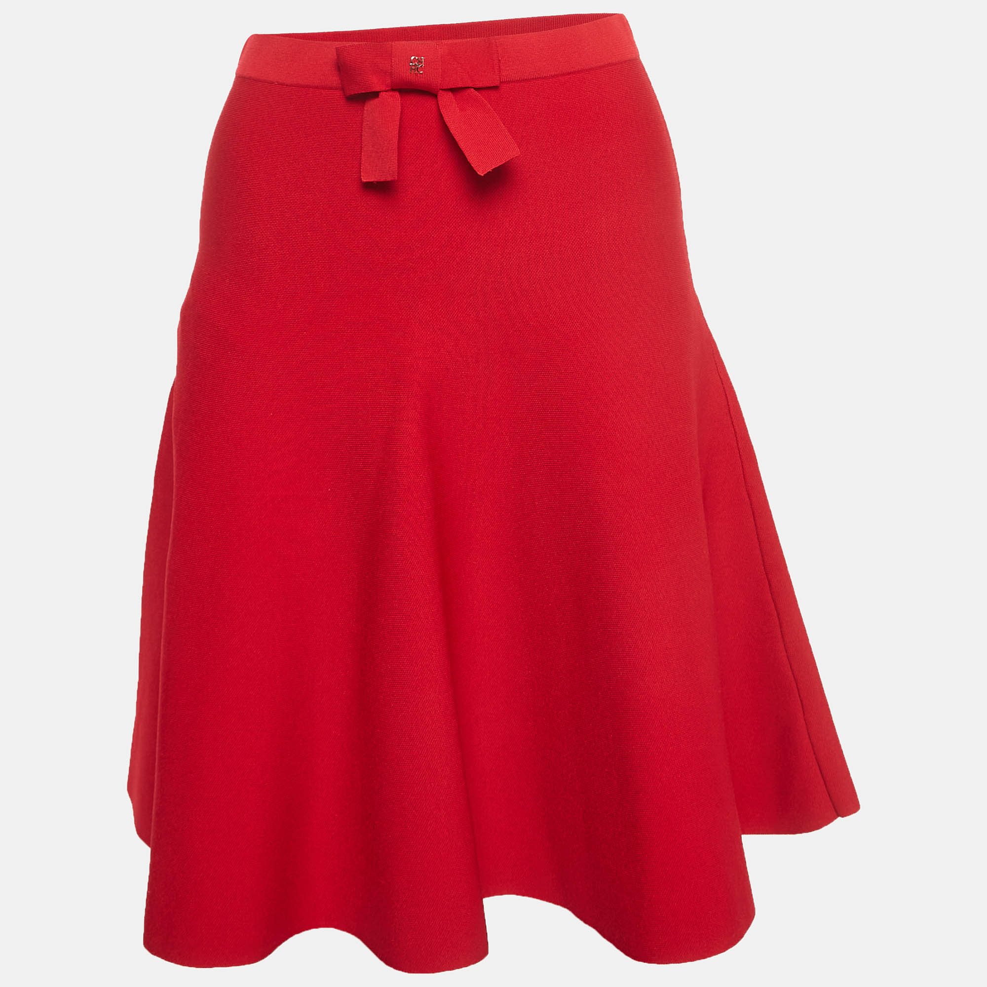 Pre Owned CH Carolina Herrera Red Knit Bow Detail Elasticated Waist Mini Skirt XS