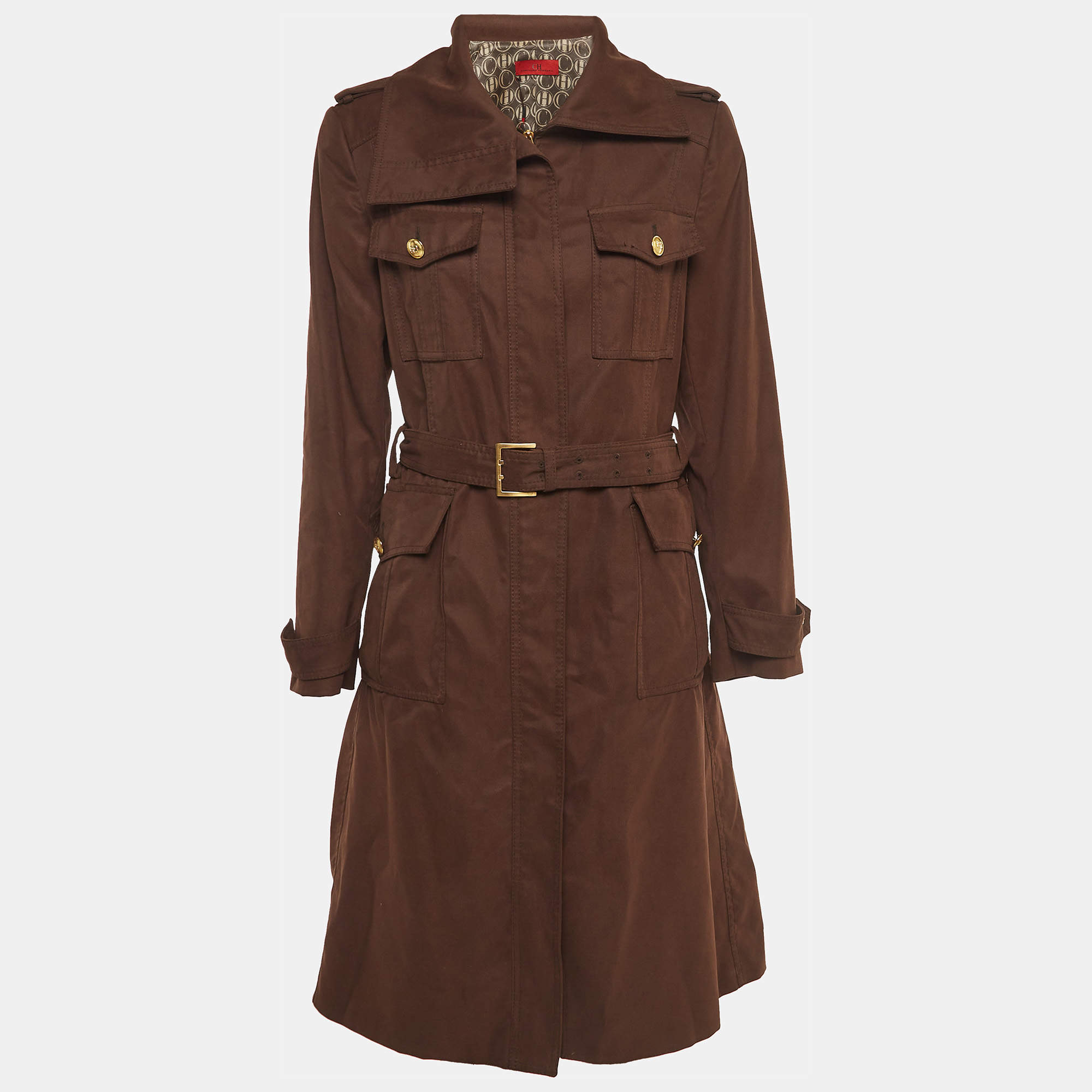 Pre Owned CH Carolina Herrera Brown Zip Front Belted Long Coat L