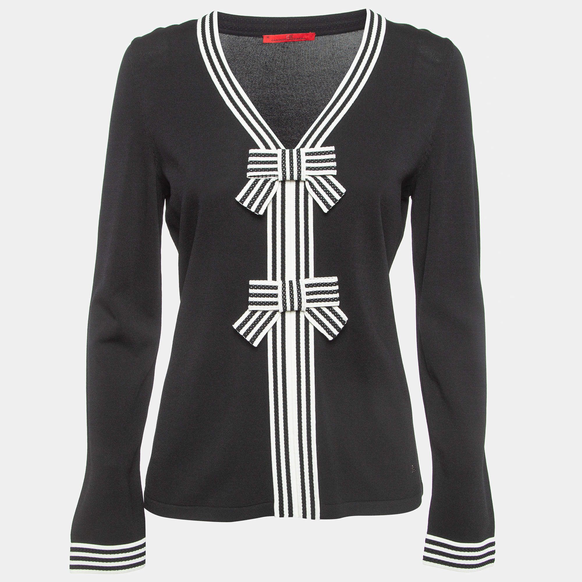 Pre Owned CH Carolina Herrera Black Knit Bow Detail Long Sleeve Top M