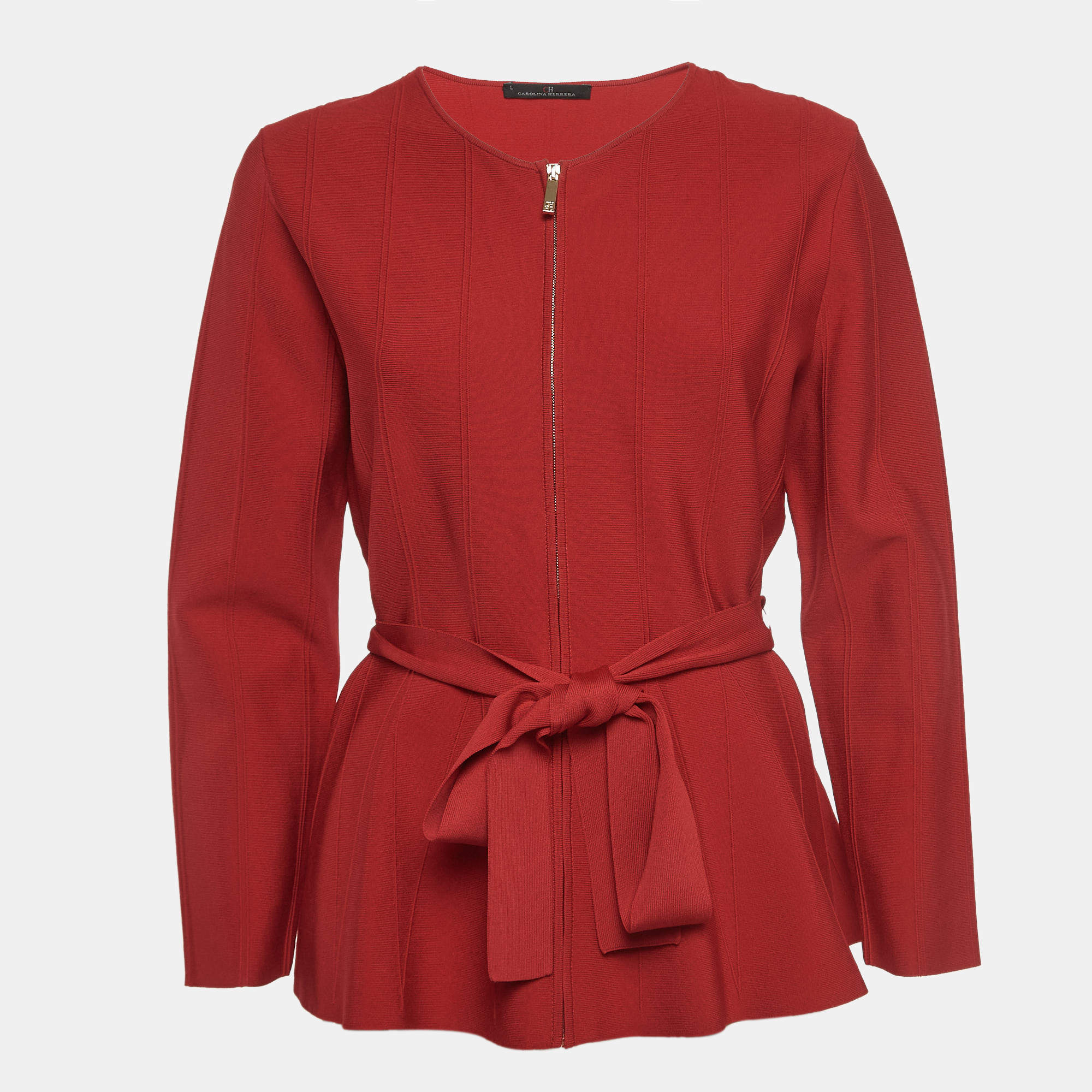 Pre Owned CH Carolina Herrera Red Knit Zip-Up Peplum Jacket L