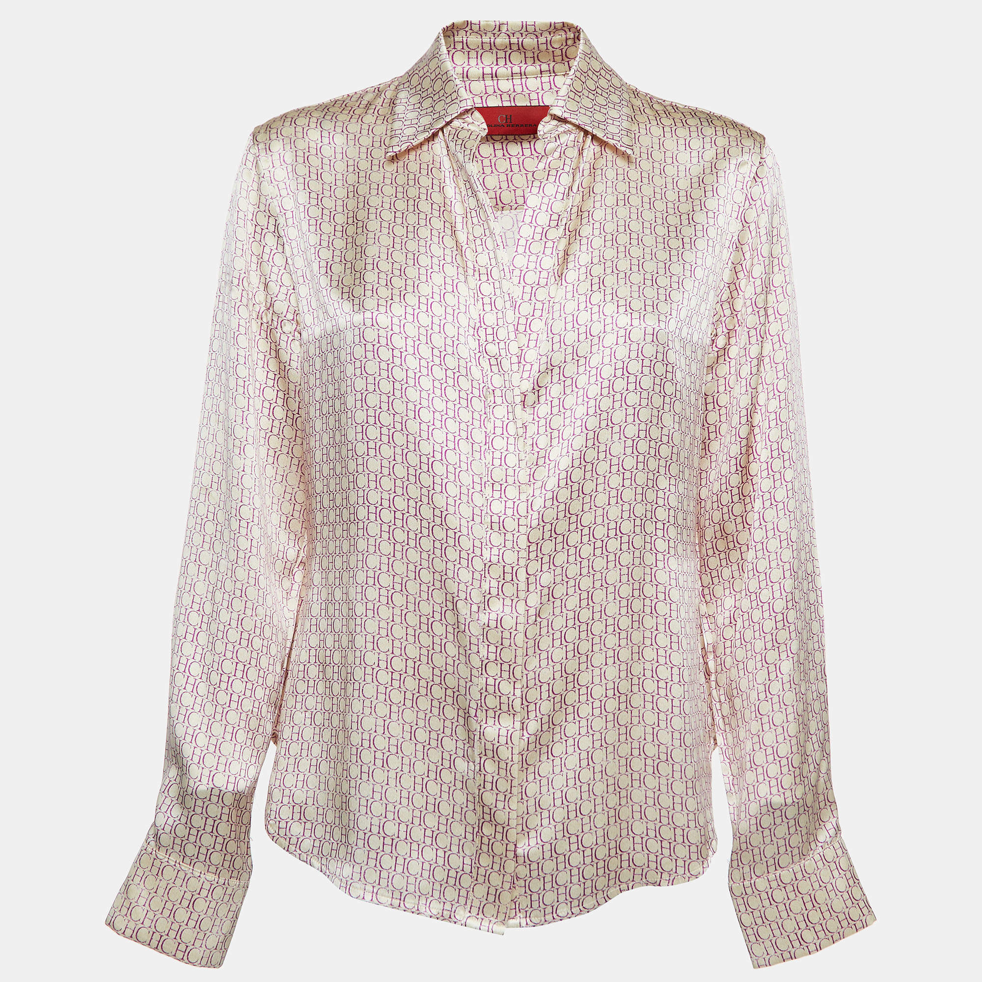 Pre Owned CH Carolina Herrera Cream Logo Print Satin Silk Buttoned Shirt L