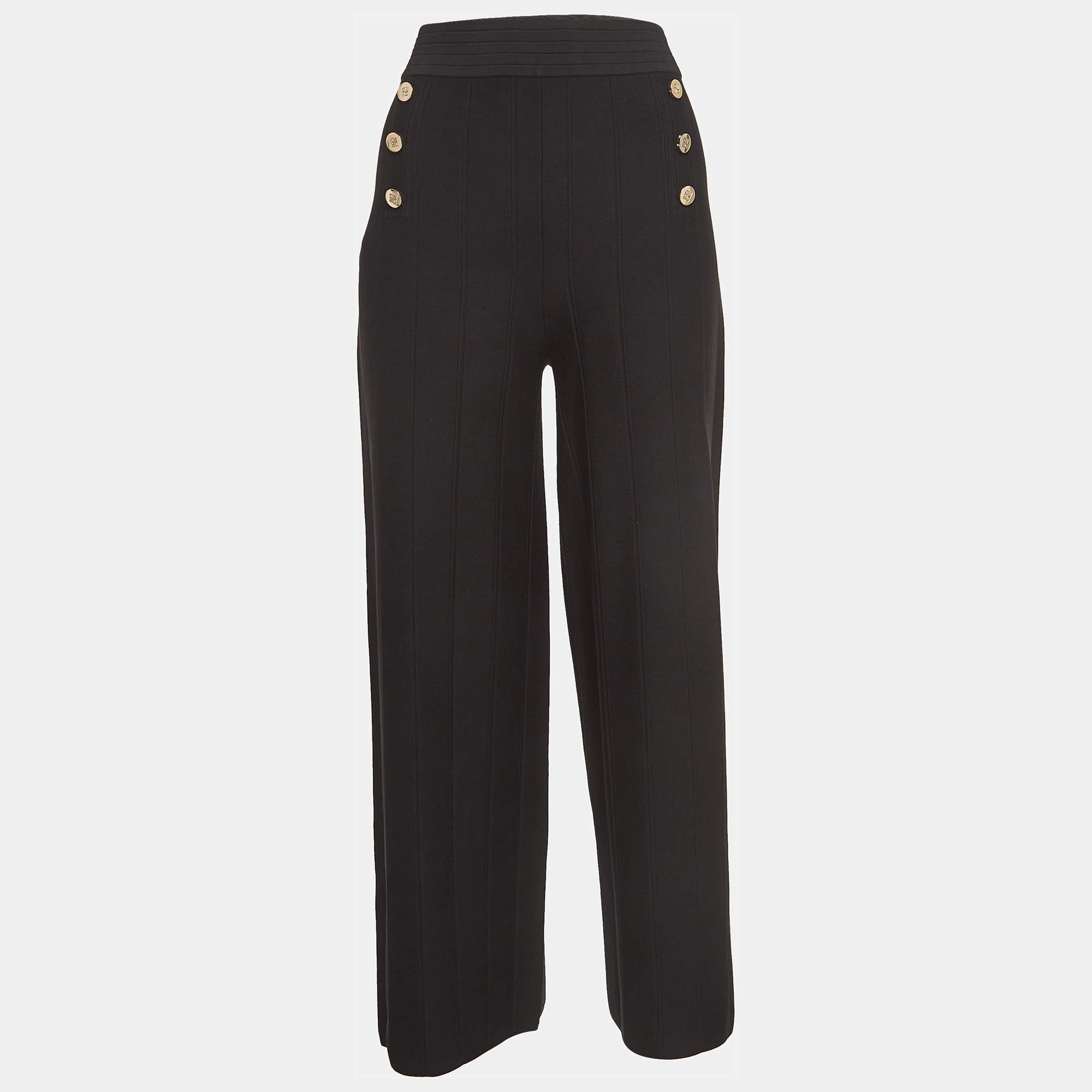 CH Carolina Herrera Black Knit Button Detail Wide Leg Pants S