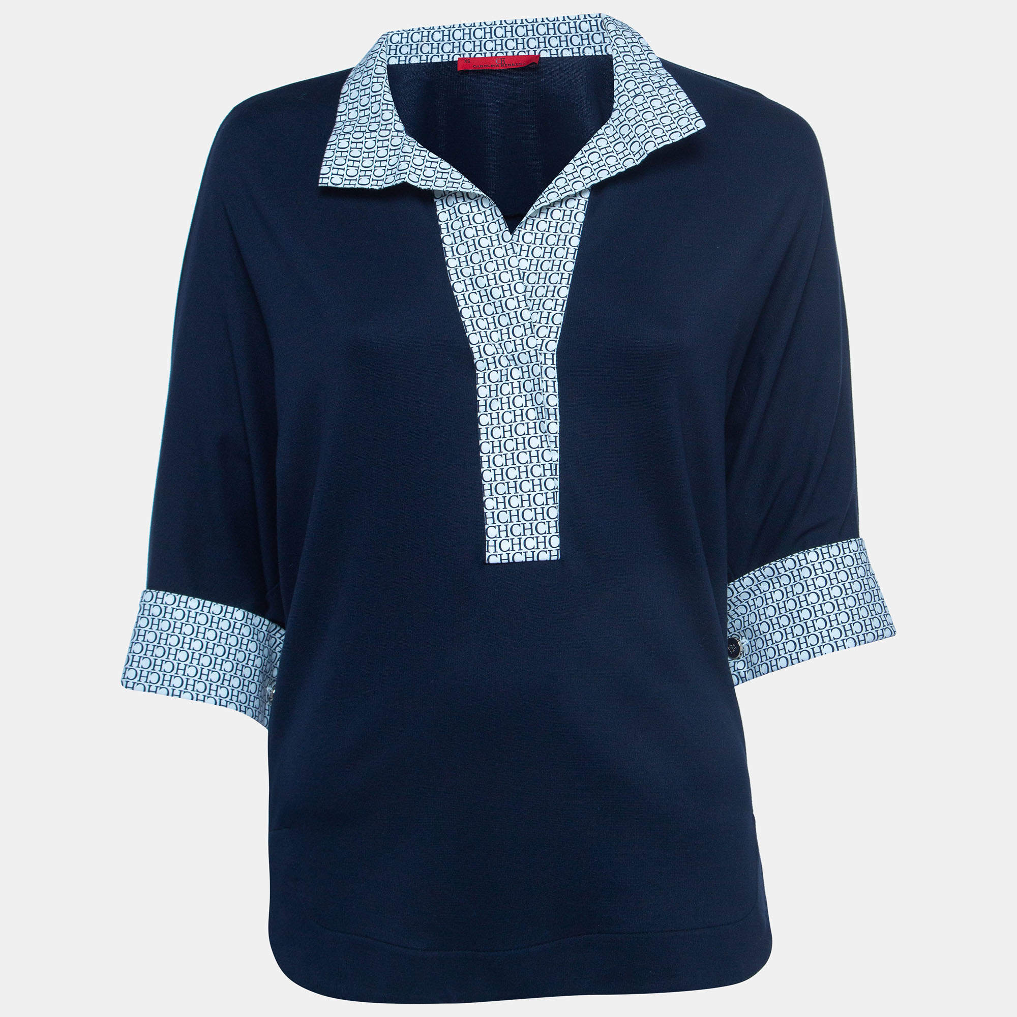 Pre Owned Carolina Herrera Navy Blue Logo Printed Jersey Dolman Sleeve Top XS