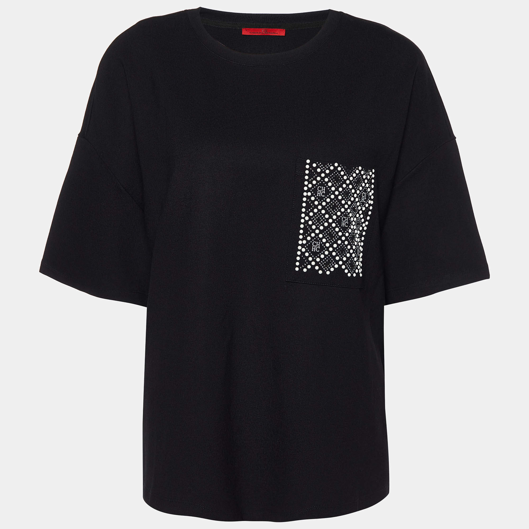 CH Carolina Herrera Black Knit Embellished Pocket T-Shirt L
