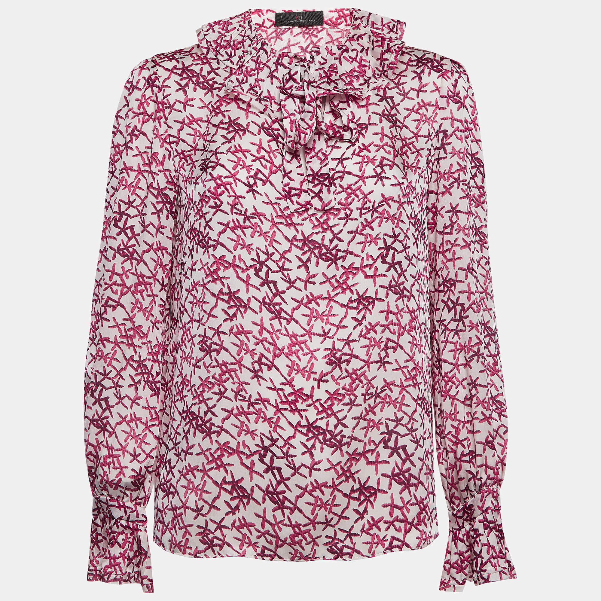 Pre Owned CH Carolina Herrera Pink Printed Satin Ruffled Blouse M