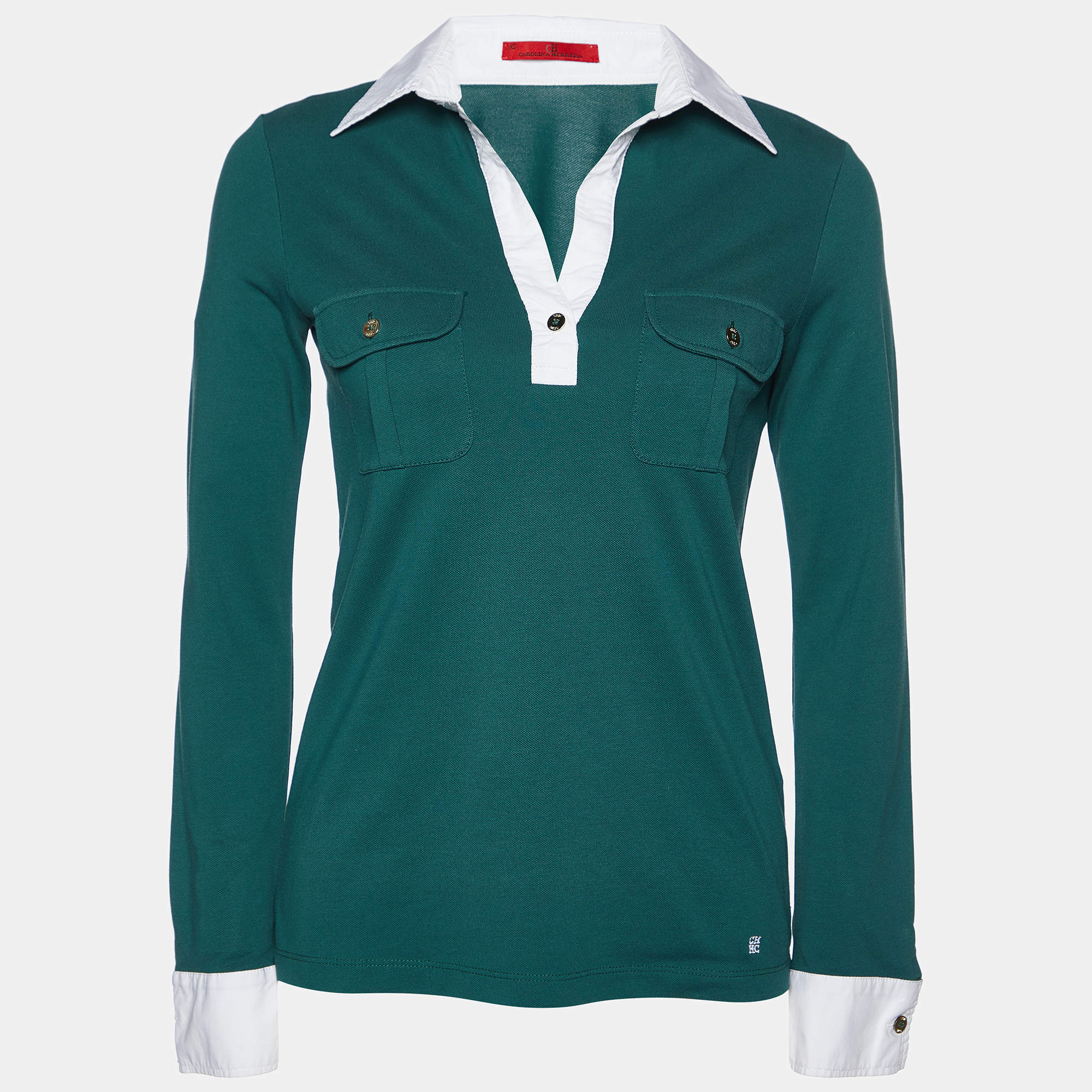 Pre Owned CH Carolina Herrera Green Pique Cotton Long Sleeve T-Shirt XS
