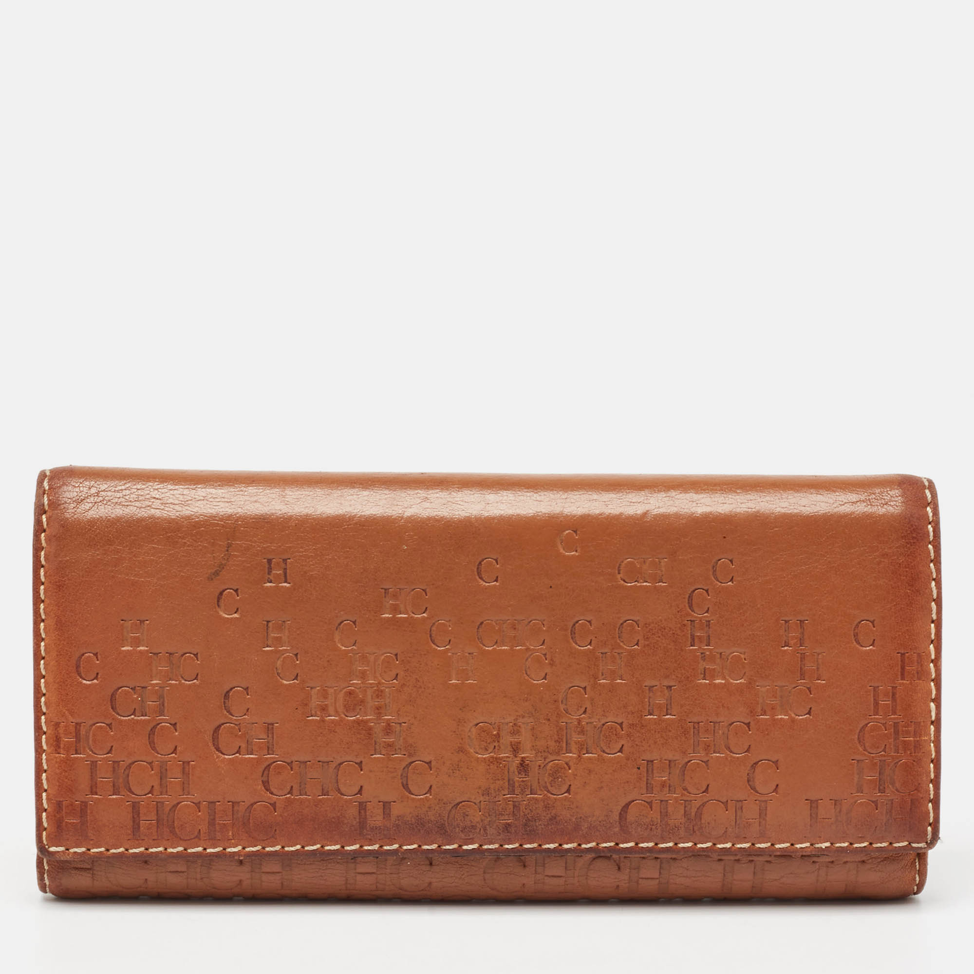 Pre Owned CH Carolina Herrera Brown Monogram Embossed Leather Trifold Continental Wallet