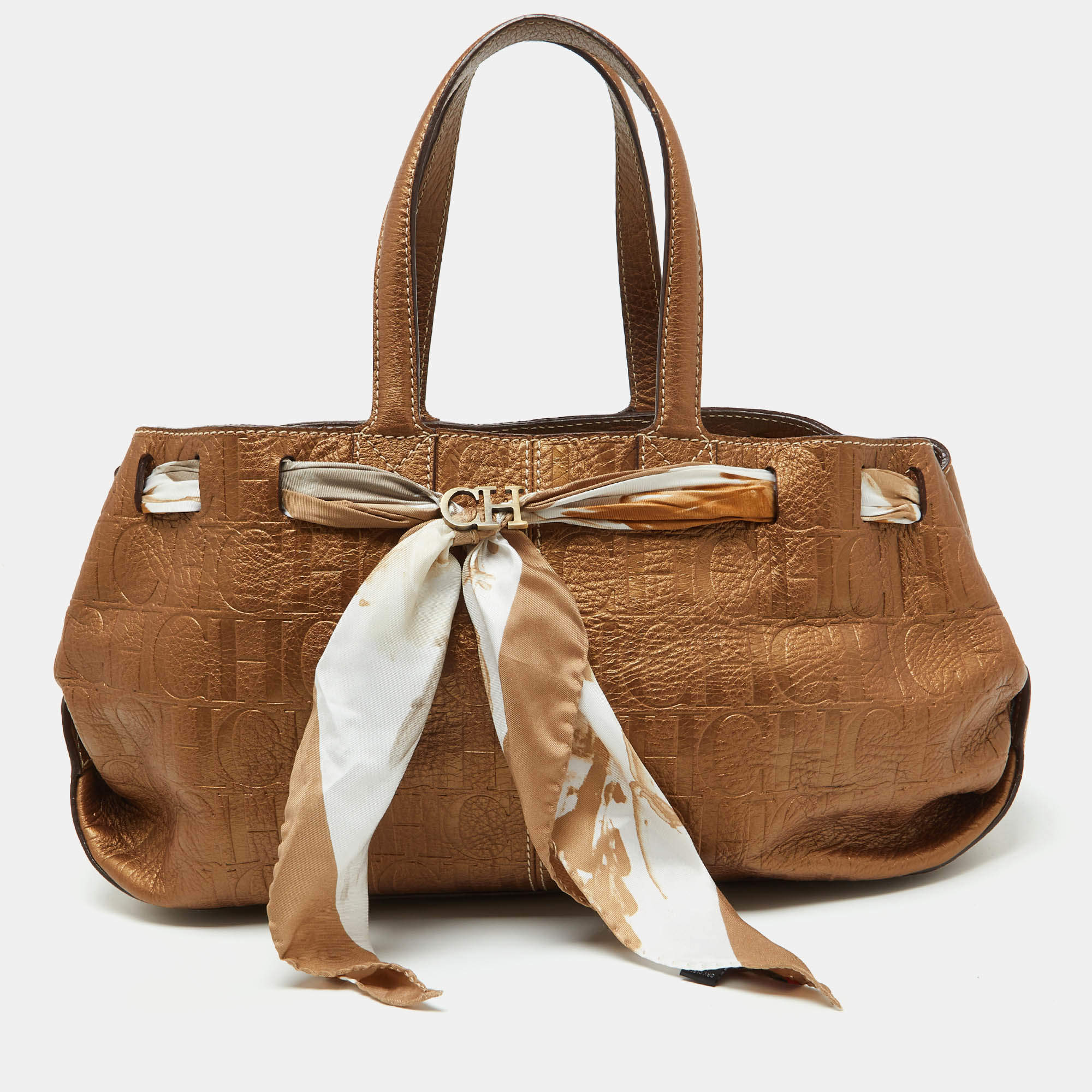 CH Carolina Herrera Bronze Monogram Embossed Leather Scarf Tote