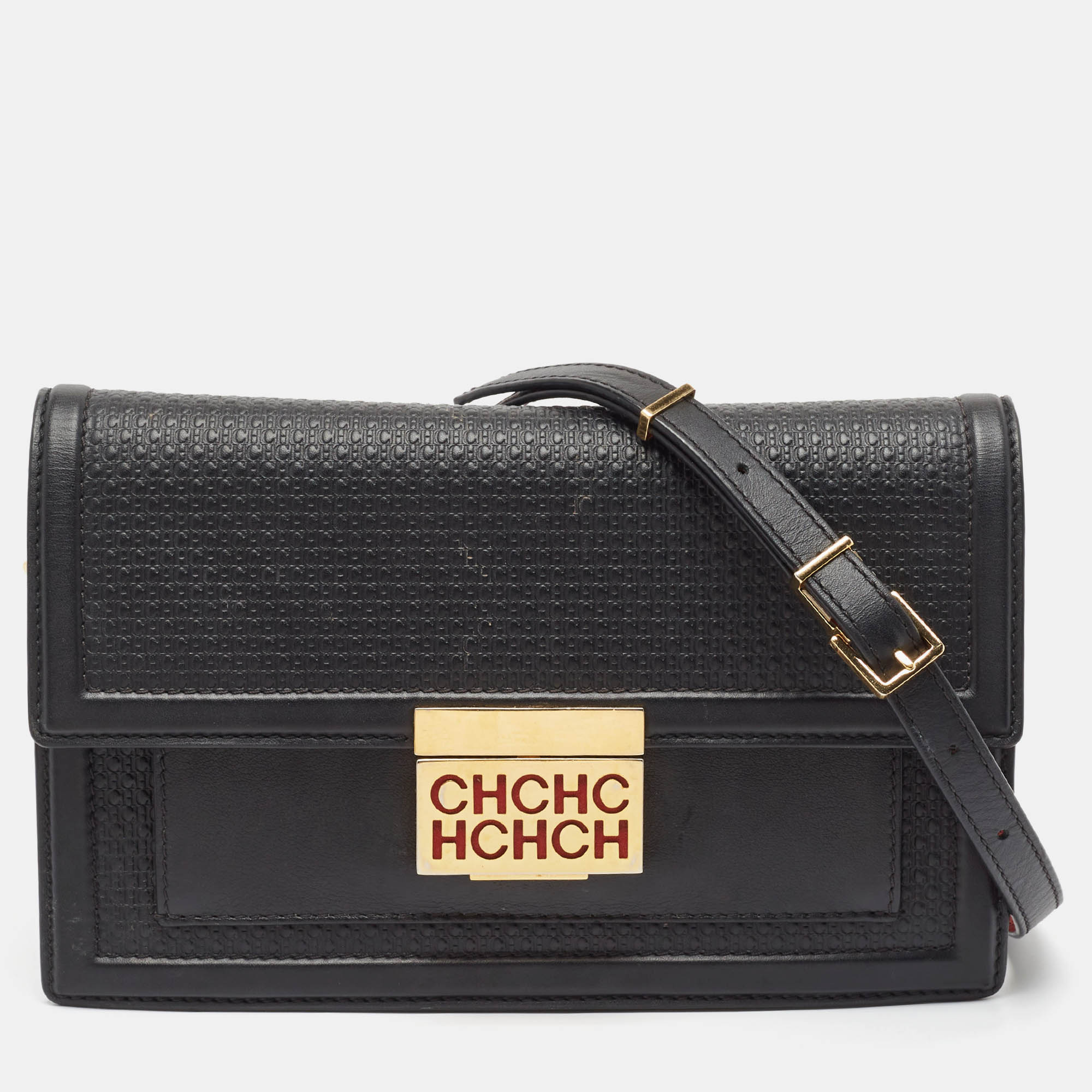 Pre Owned CH Carolina Herrera Black Monogram Embossed Leather Flap Shoulder Bag