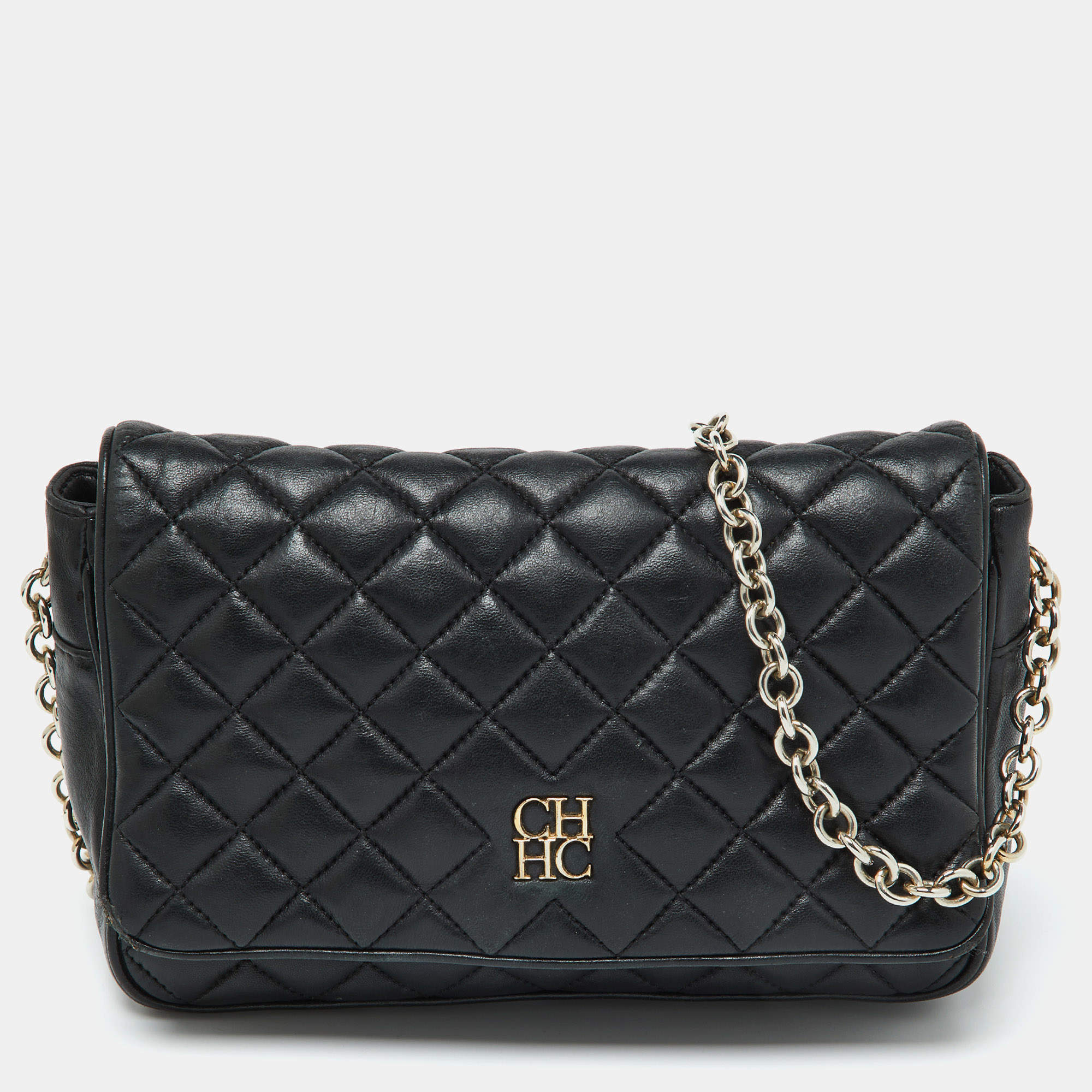 Pre Owned CH Carolina Herrera Black Quilted Leather Flap Shoulder Bag