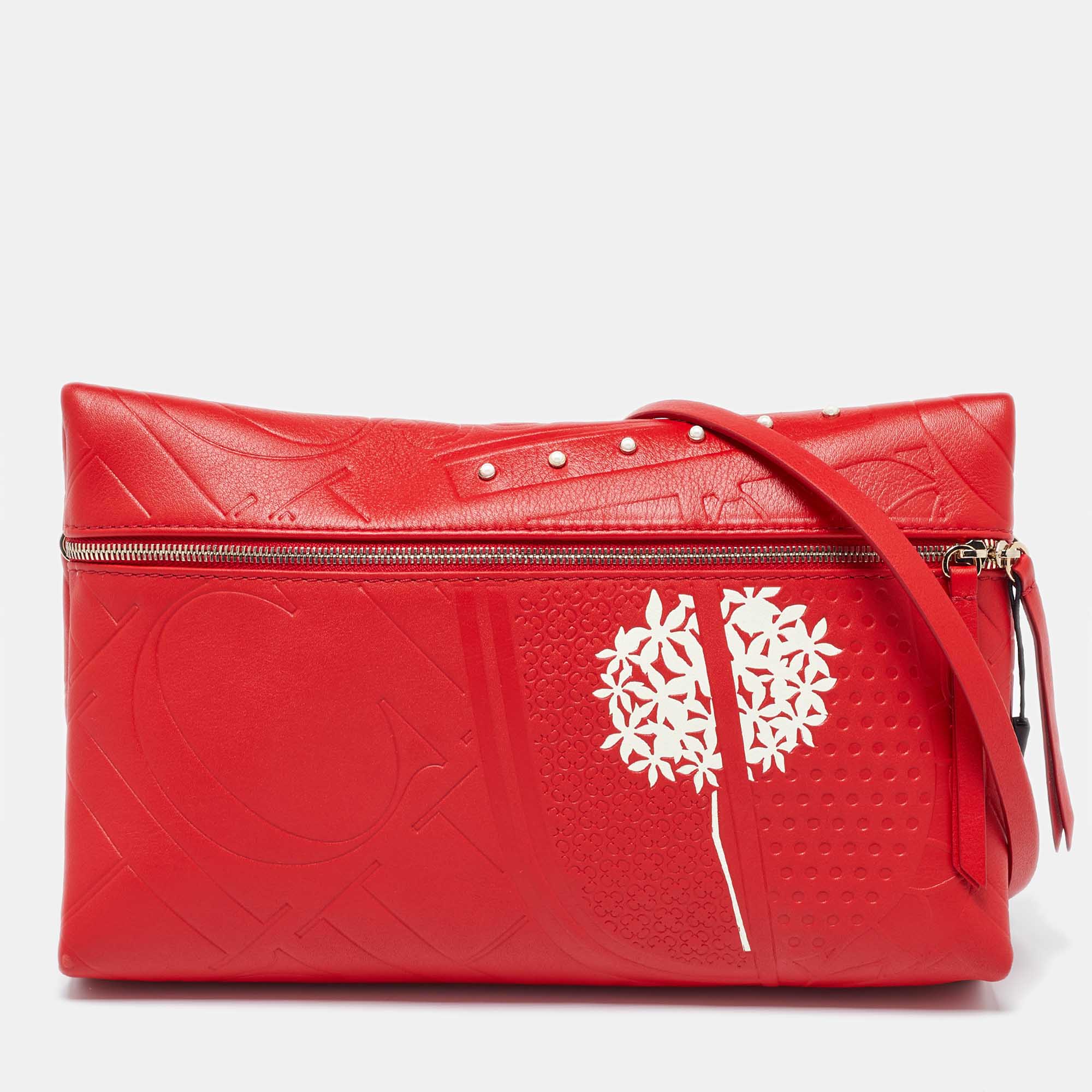 Pre Owned CH Carolina Herrera Red Leather Front Zip Crossbody Bag