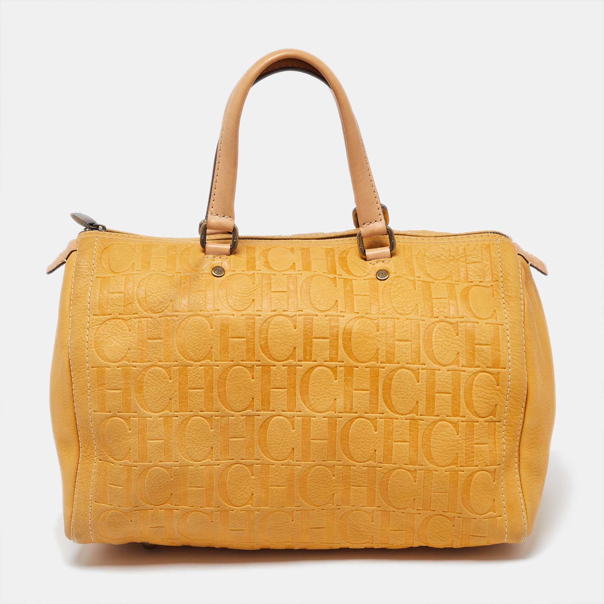 Pre Owned CH Carolina Herrera Mustard Monogram Embossed Leather Large Andy Boston Bag