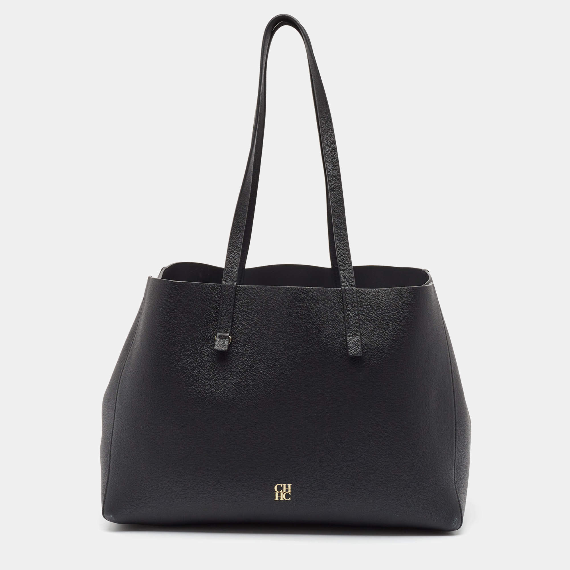 CH Carolina Herrera Black Leather Editors Shopping Zip Tote