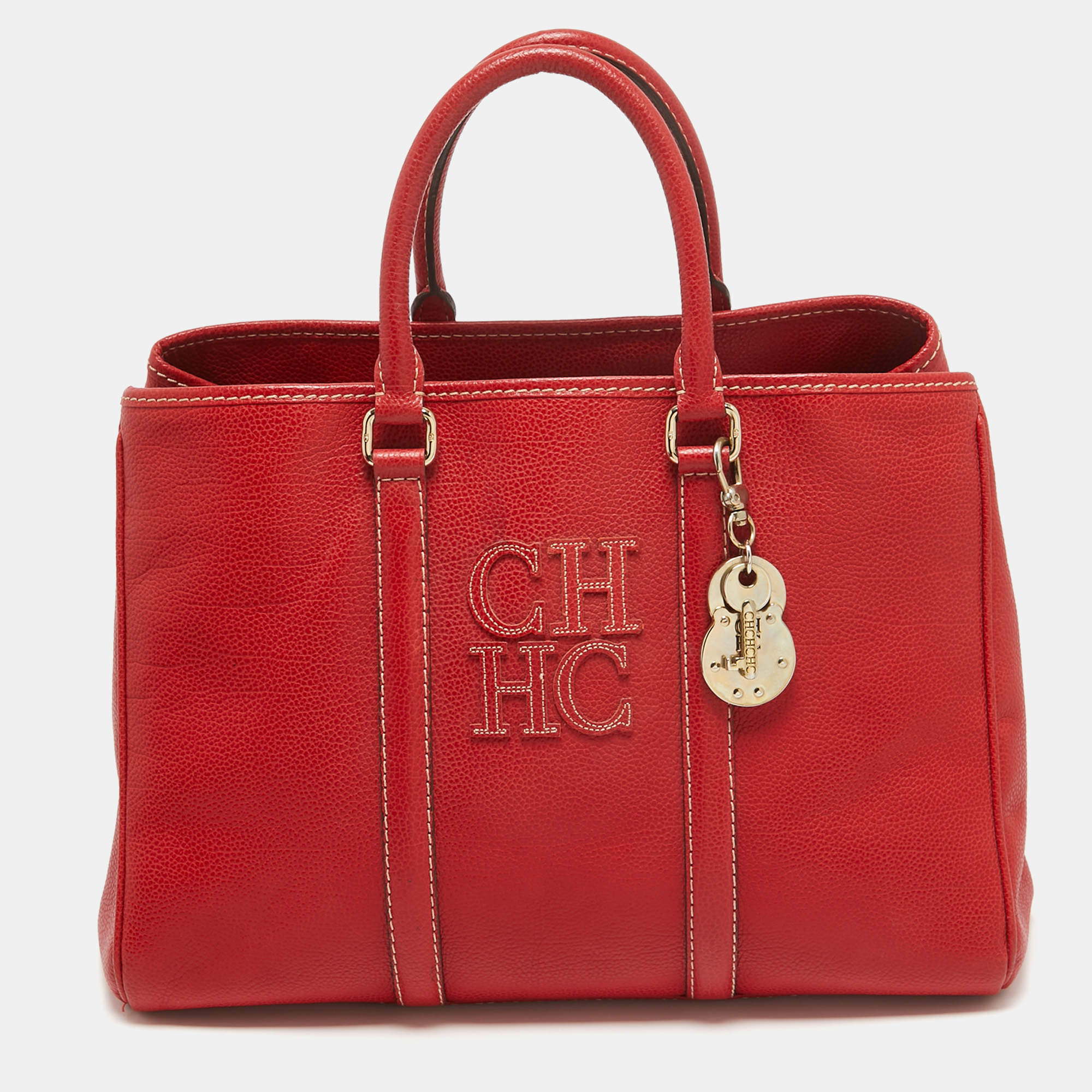 Pre Owned CH Carolina Herrera Red Grained Leather Matteo Tote