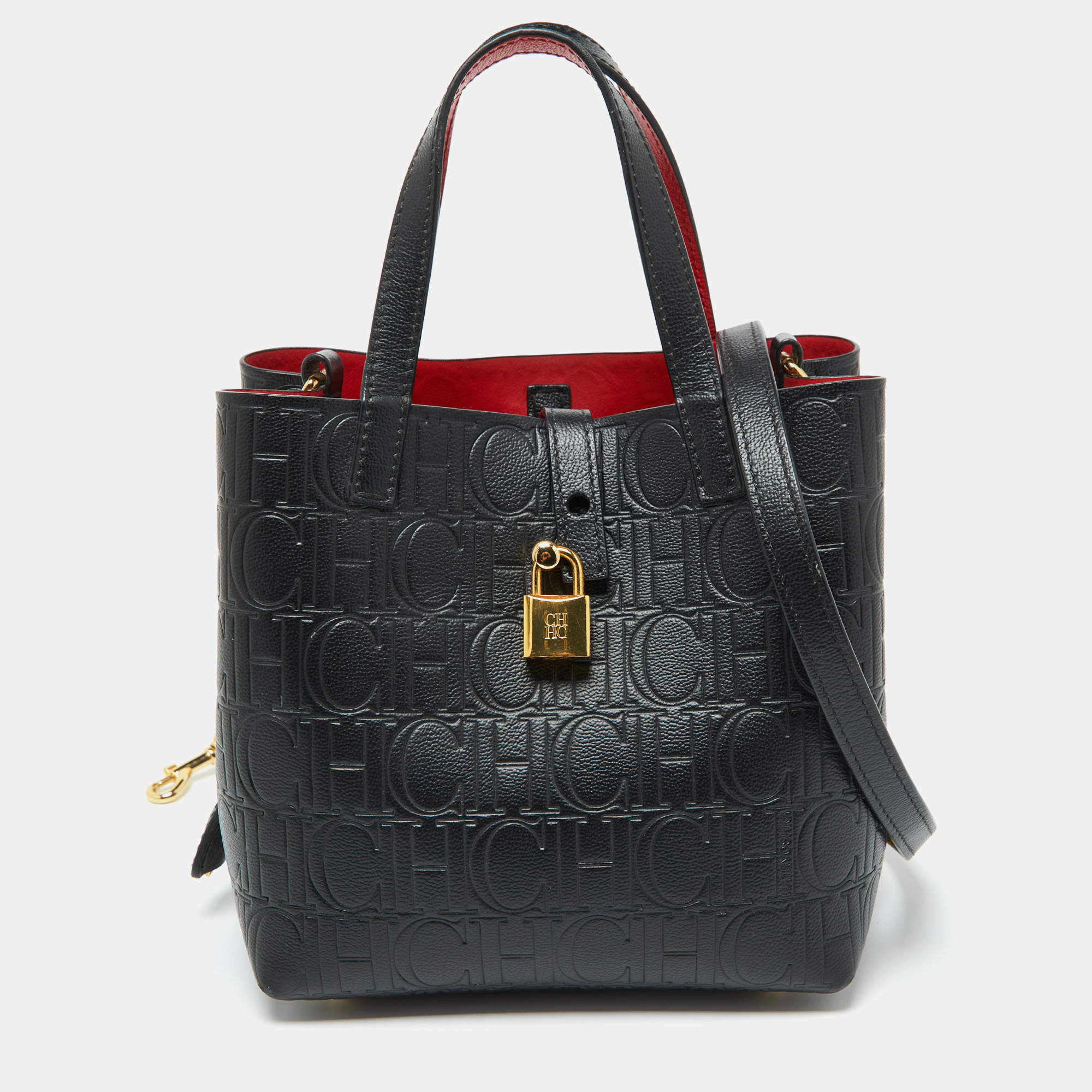 Pre Owned CH Carolina Herrera Black Monogram Embossed Leather Small Matryoshka Locked Tote