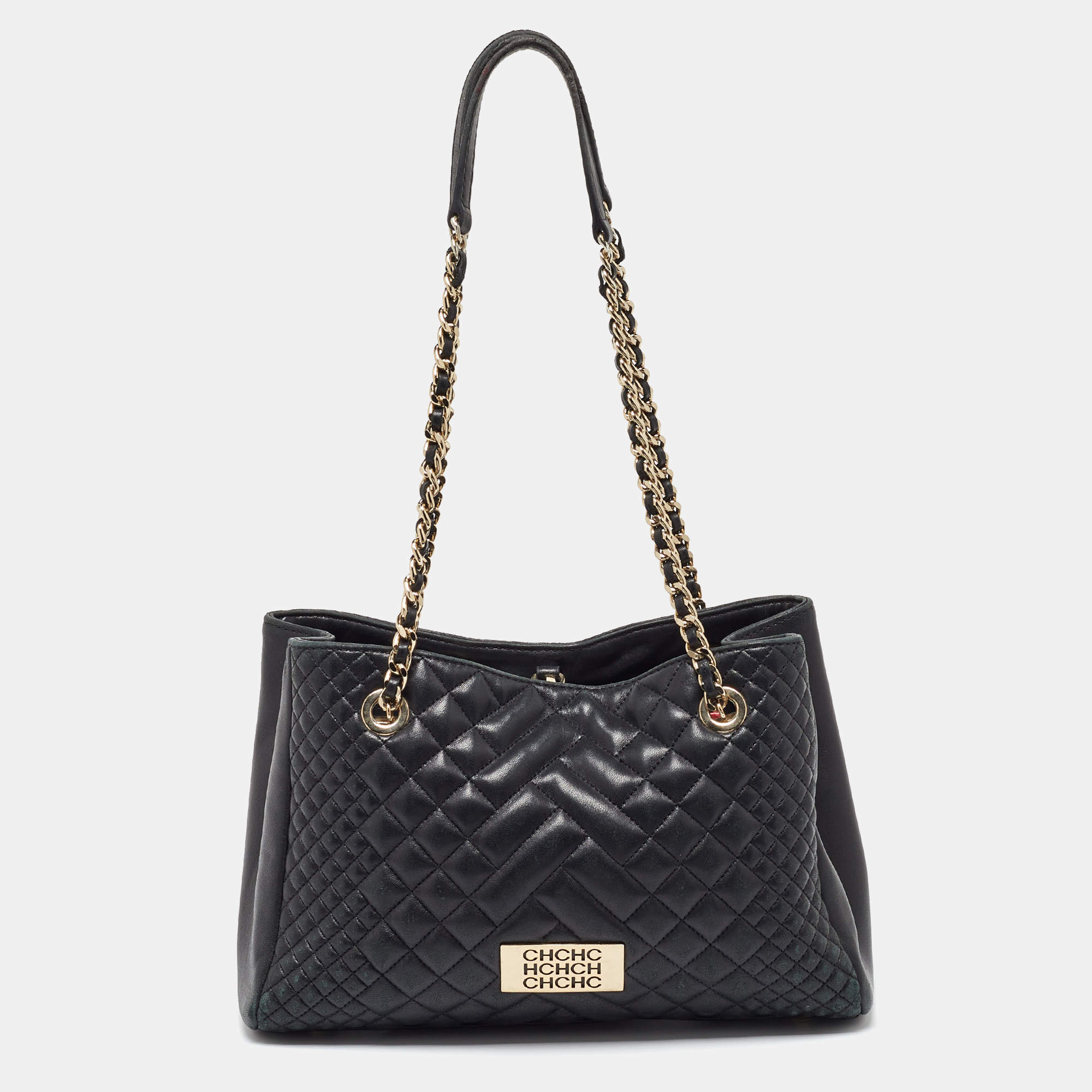 Pre Owned CH Carolina Herrera Black Quilted Leather Chain Tote
