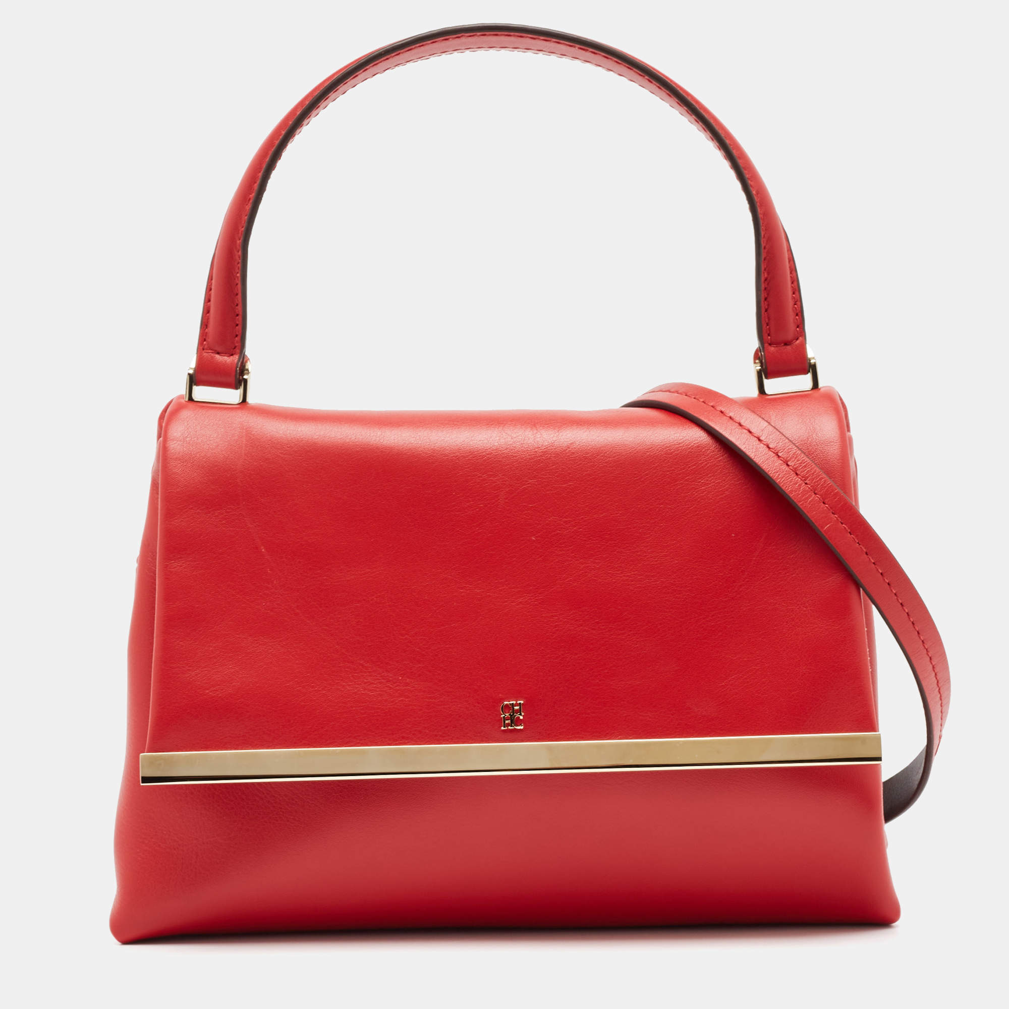 Pre Owned CH Carolina Herrera Red Leather Metal Bar Flap Top Handle Bag