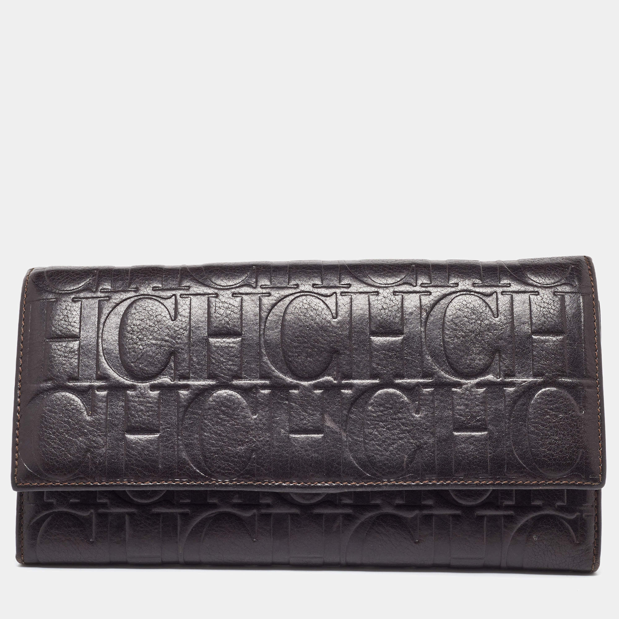 Pre Owned CH Carolina Herrera Brown Monogram Embossed Leather Trifold Clutch