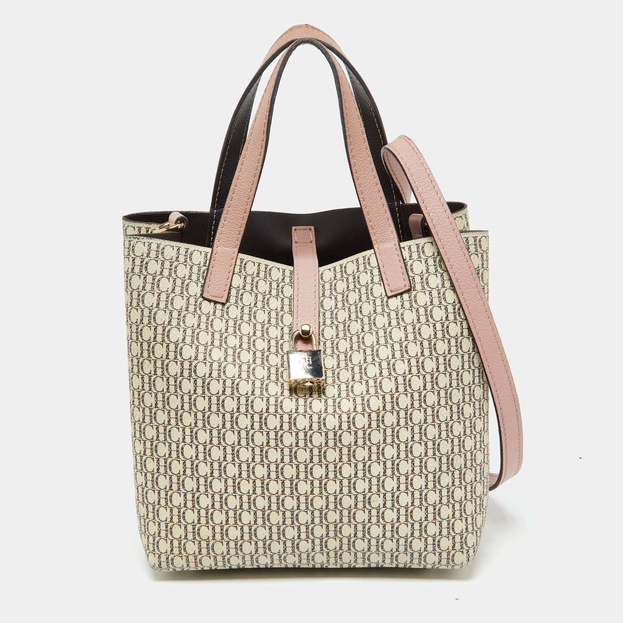 مملوكة مسبقًا حقيبة يد كارولينا هيريرا قفل ماترايوشكا جلد وكانفاس مقوى مونوغرامى وردية / بيج 