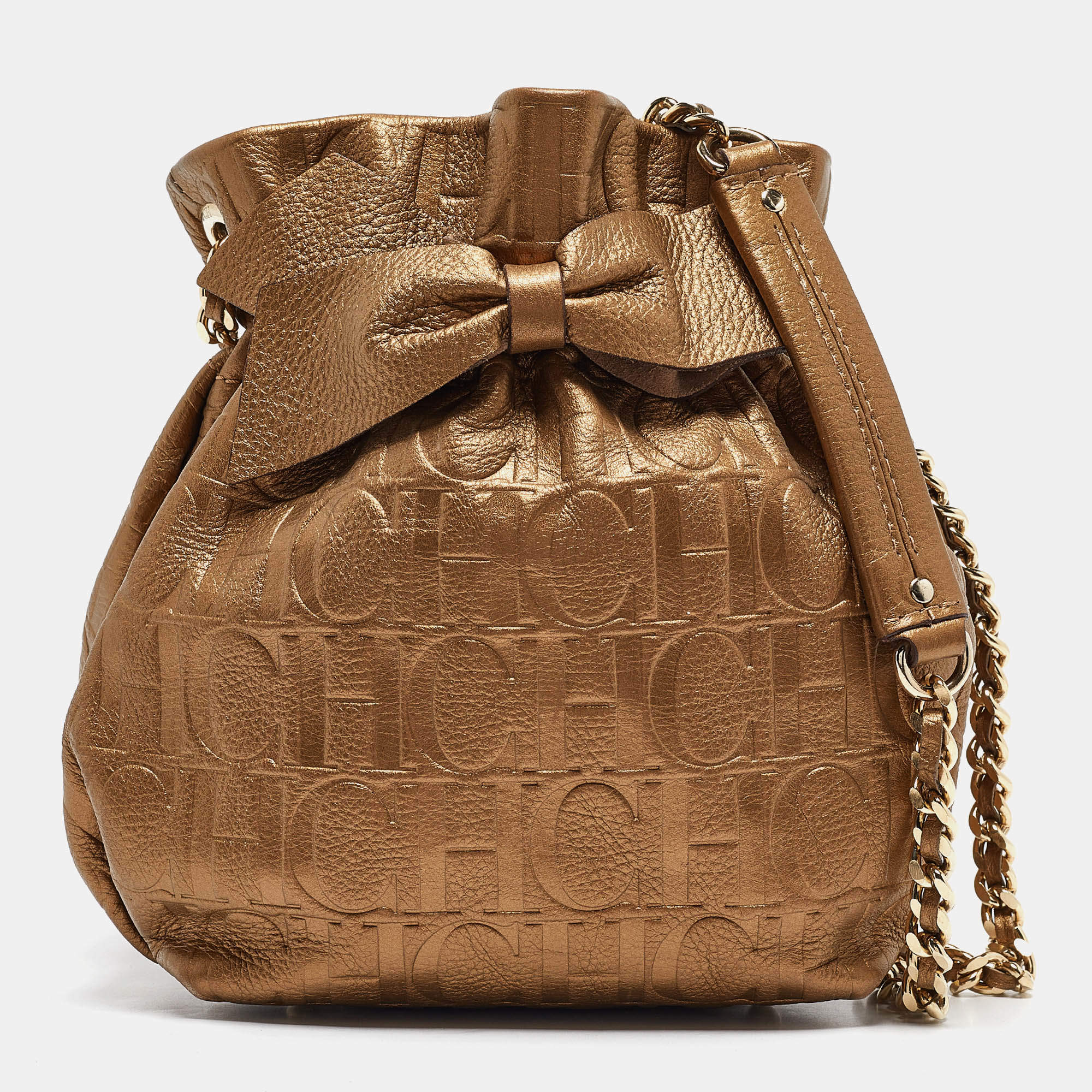 CH Carolina Herrera Gold Monogram Embossed Leather Bow Bucket Bag