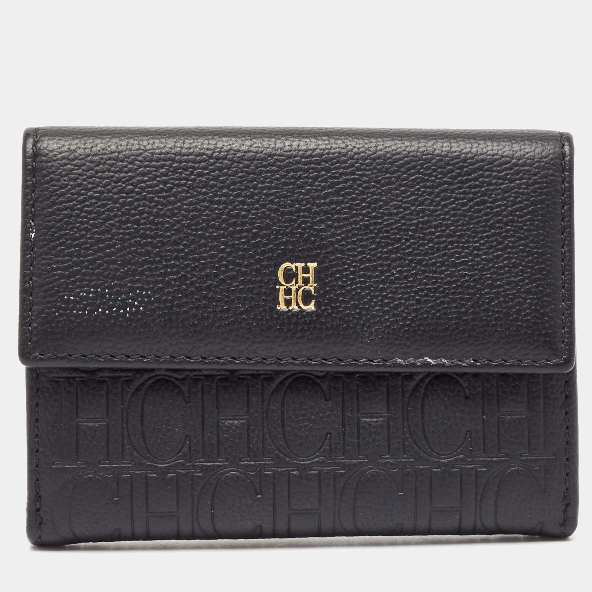 CH Carolina Herrera Black Monogram Leather Compact Wallet