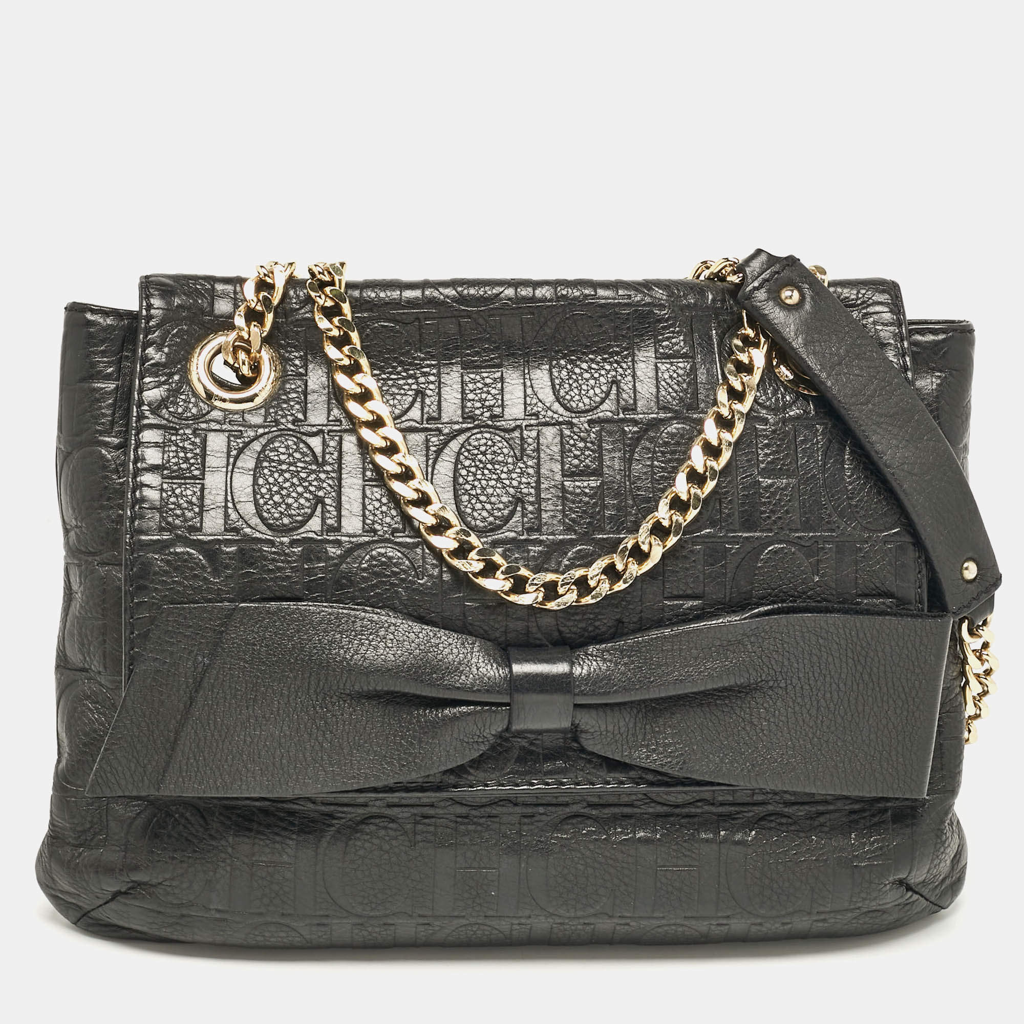 CH Carolina Herrera Black Monogram Embossed Leather Audrey Shoulder Bag