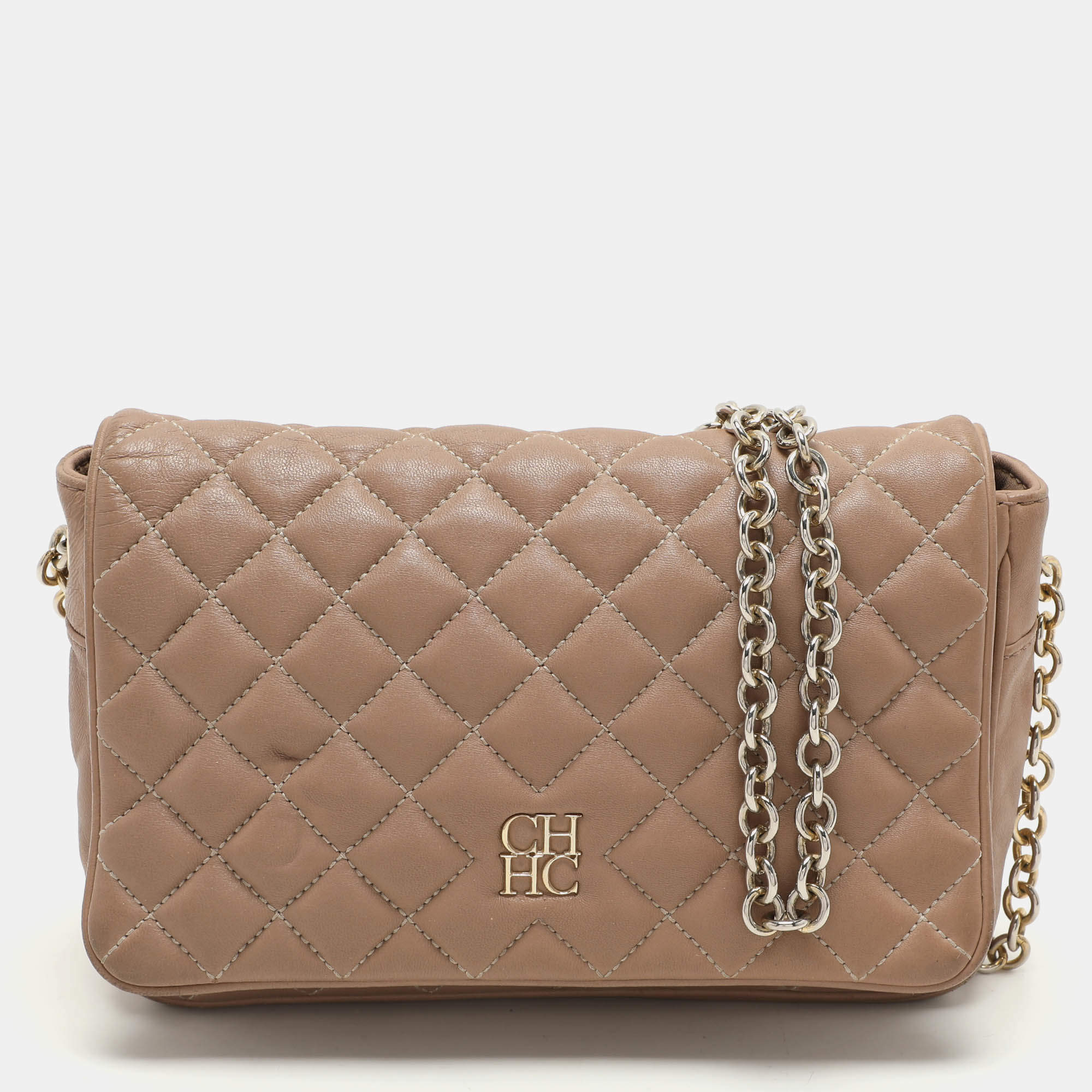 CH Carolina Herrera Beige Quilted Leather Flap Shoulder Bag