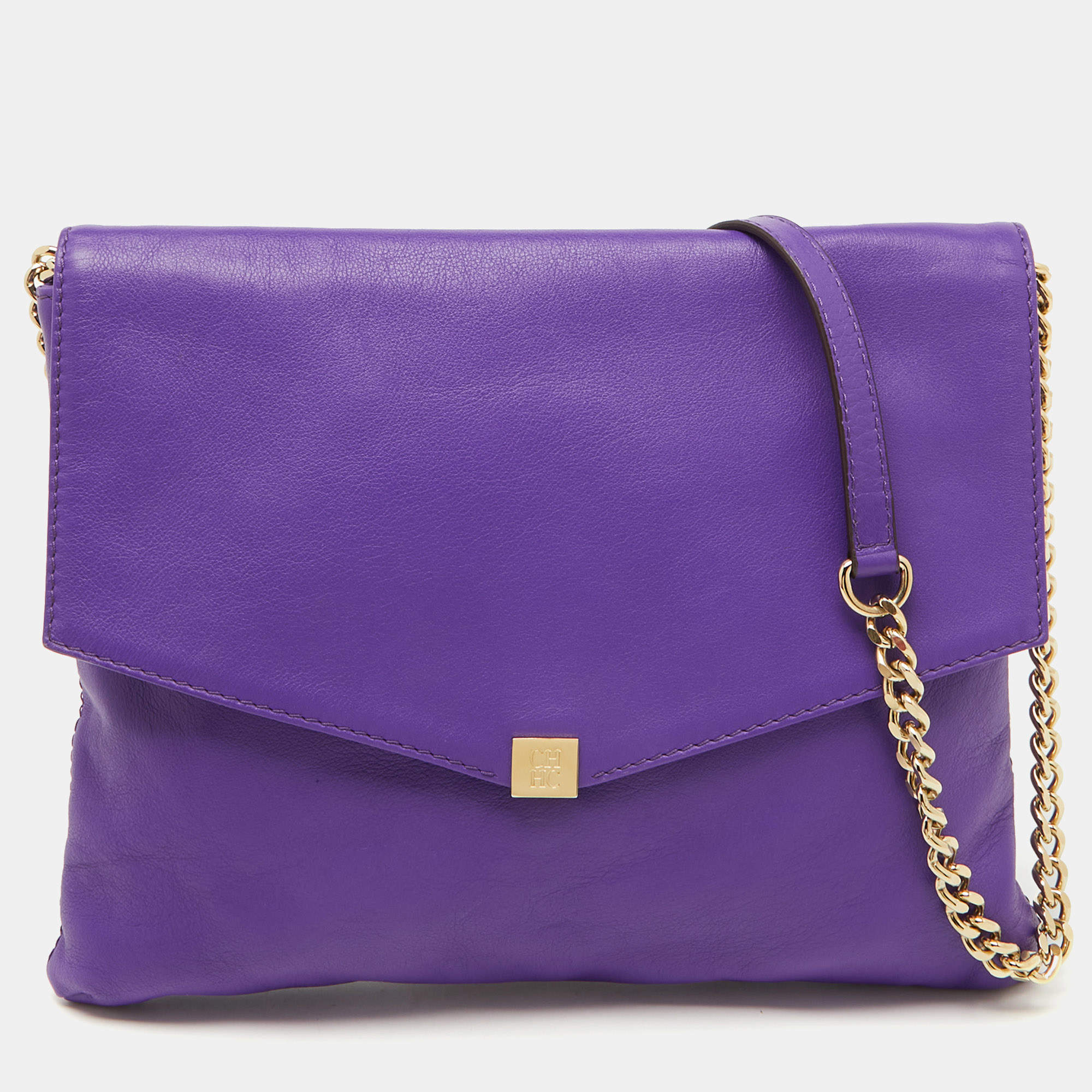 Pre Owned CH Carolina Herrera Purple Leather Chain Flap Shoulder Bag